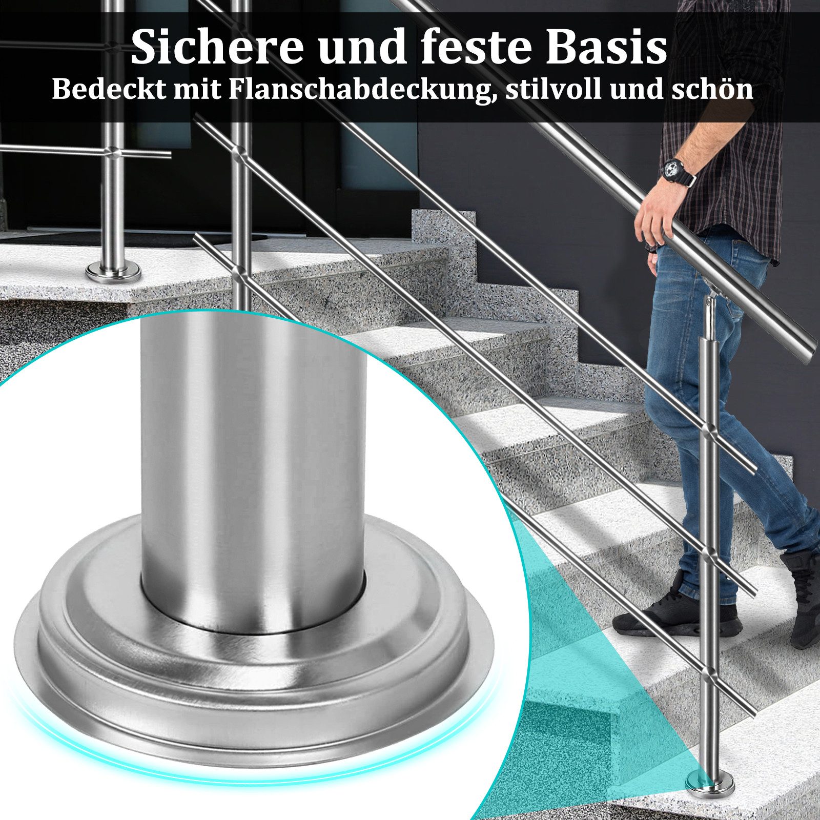 FIVMEN Treppengeländer Handlauf Edelstahl Geländer mit 2 Pfosten Brüstungsgeländer, 100 cm Länge, 0-tlg., für Treppen, Brüstung, Balkon – Bild 4 von 5