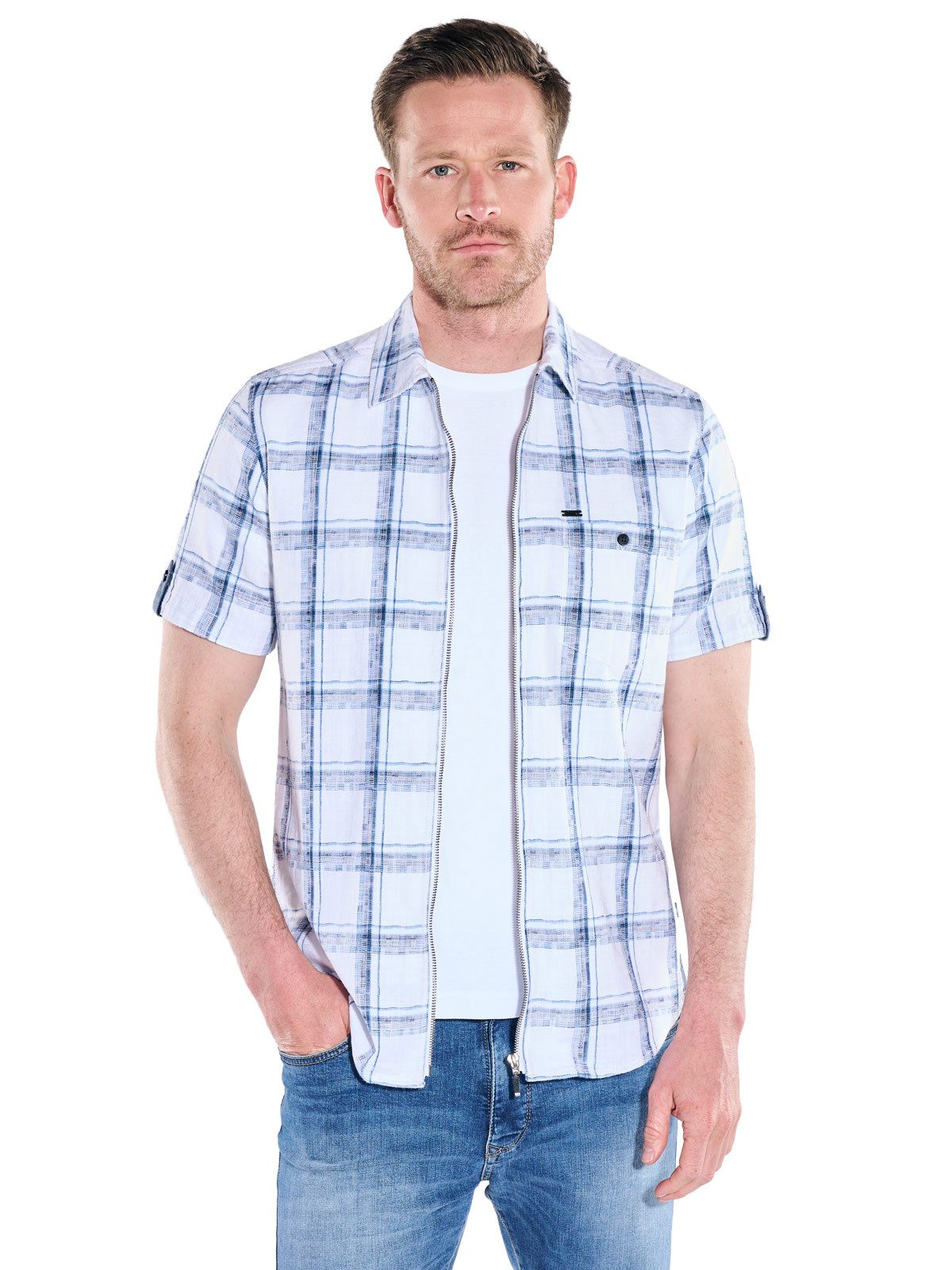 Engbers Kurzarmhemd Herren Overshirt mit Reißverschluss, Hellblau