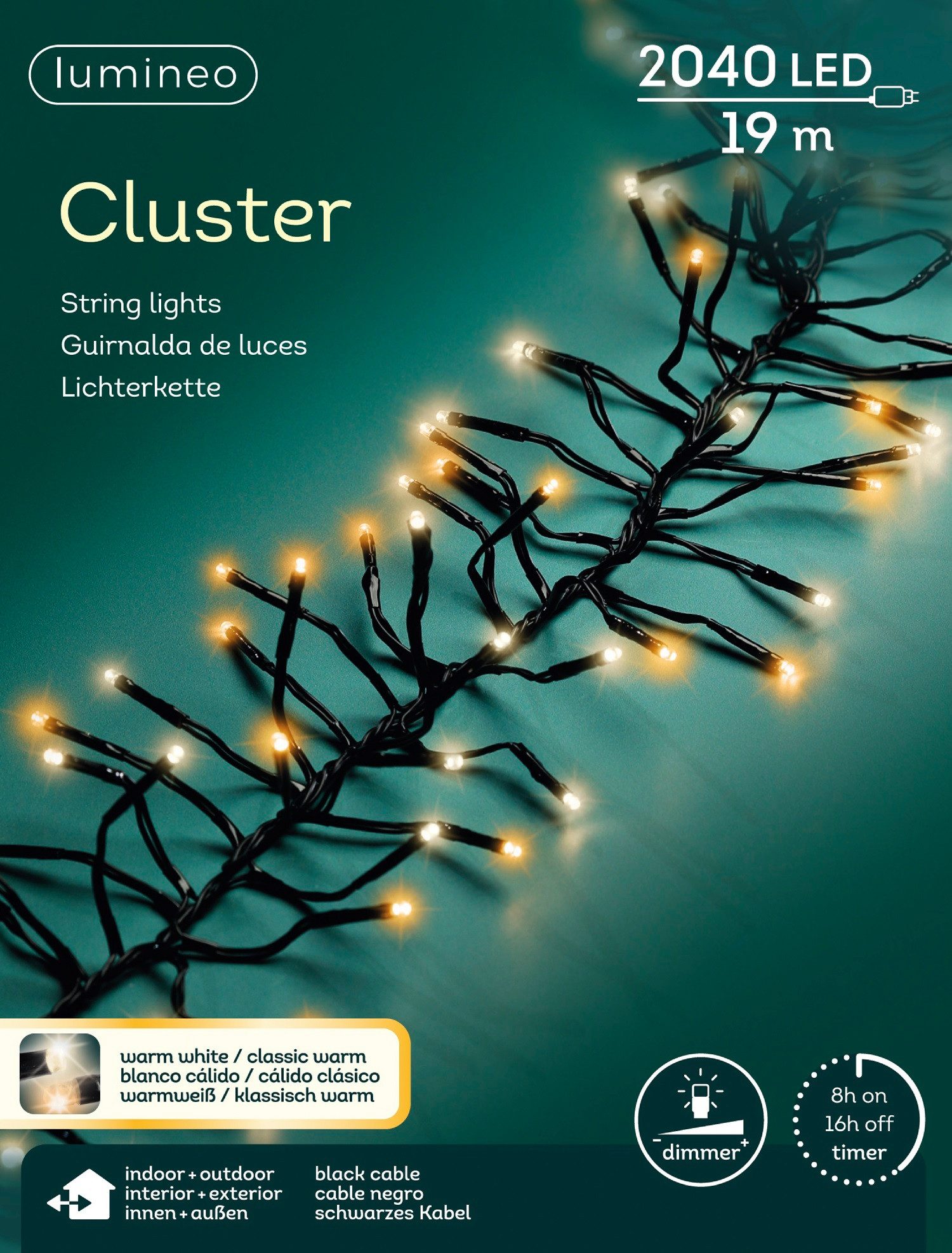 Lumineo LED-Lichterkette Lumineo Lichterkette CLUSTER 2040 LED 19 m, warm weiß + klassisch warm, Dimmbar, 8h-Timer, Indoor/Outdoor, 2 Farben, 1,8-2,1 m