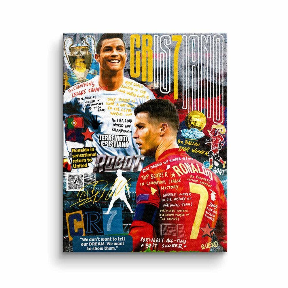 DOTCOMCANVAS Pop goldener Art Leinwandbild Collage Leinwandbild, DOTCOMCANVAS® Ronaldo CR7 Cristiano Rahmen