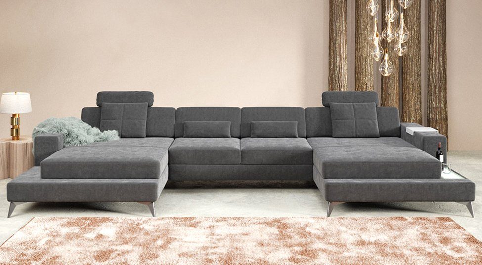 BULLHOFF Wohnlandschaft »Wohnlandschaft XXL Ecksofa Eckcouch U-Form  Designsofa LED Sofa Couch Grau Vintage Grün »MÜNCHEN« von BULLHOFF«