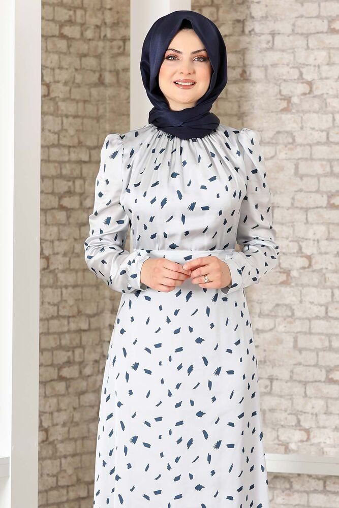 Kleid Modavitrini Abaya Satin Abiye Hijab aus Abendleid Satinkleid gemustertes Mode Grau