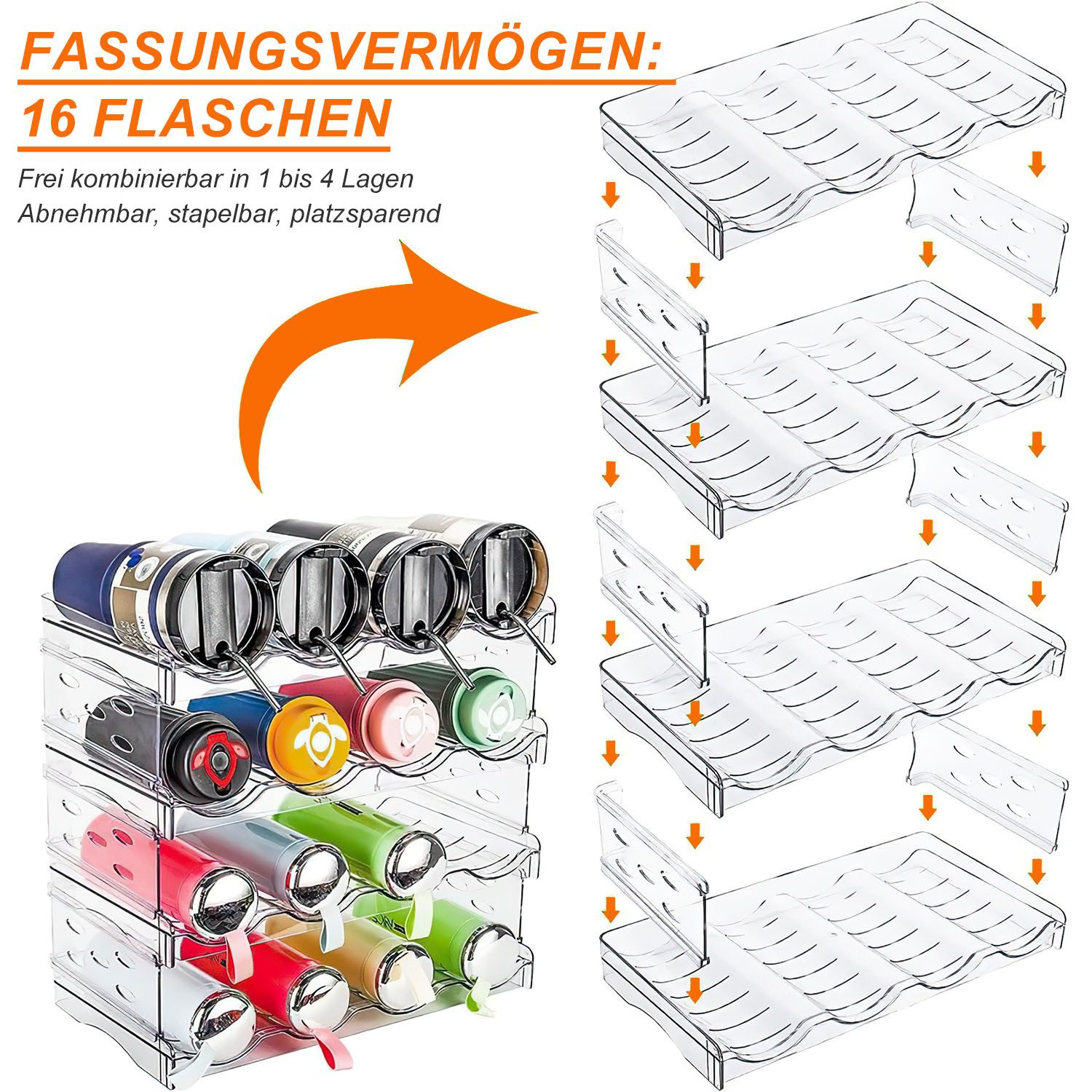 HEYHIPPO Flaschenregal Stapelfähiges 4-stöckiges Acryl-Flaschenregal für Küche,Kühlschrank, Abnehmbares Weinflaschen-Lagerregal, Wasserglas-Organizer 28×20×37cm – Bild 5 von 5