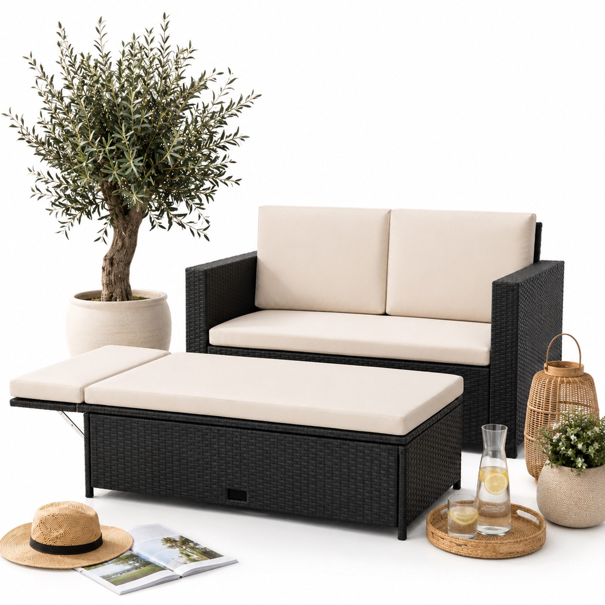 Mucola Gartenlounge-Set Polyrattan Gartensofa Lounge Sofa Gartenmöbel Gartensofa Sitzgarnitur, (Set, Sofa & Ottomane), Kissen inkl. Reißverschluss, daher abnehm- und waschbar