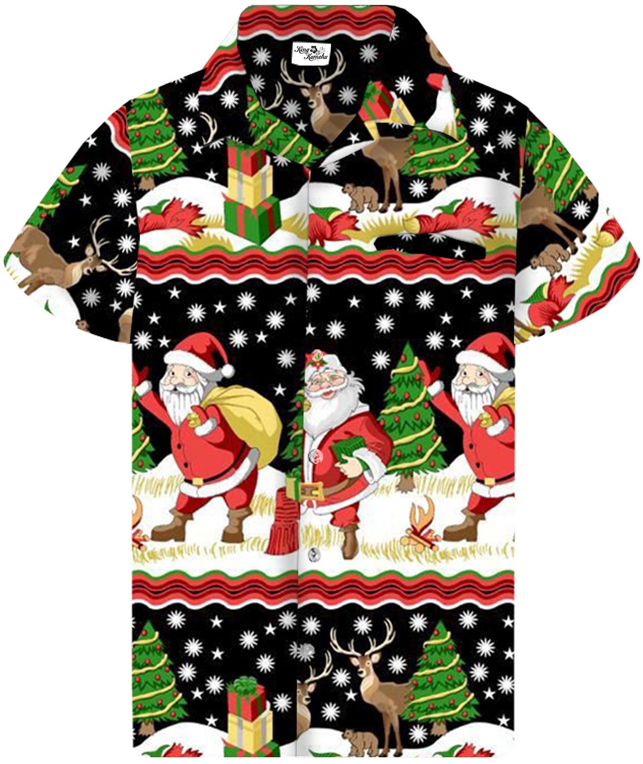 King Kameha Hawaiihemd Christmas Border Print Funky Hawaii-Hemd Kurzarm Front-Tasche Unisex