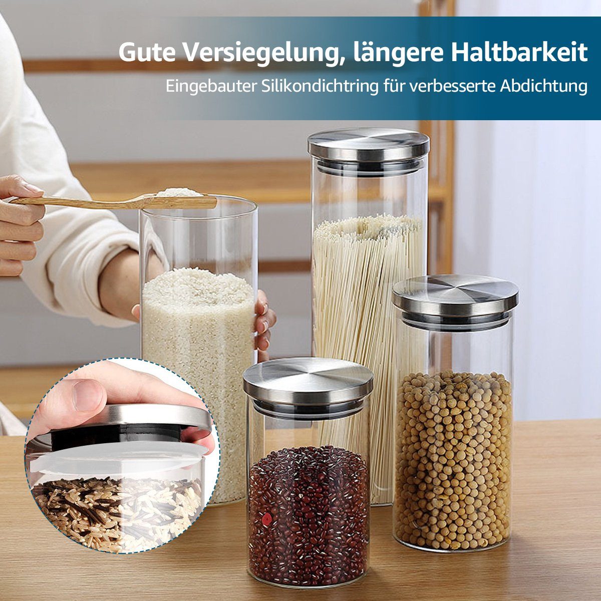 MULISOFT Vorratsglas Deckel Mit Edelstahl, (12-tlg), Aufbewahrung, 12er Luftdicht, Deckel Vorratsdosen Glas, Müsli Mehl Set, Aufbewahrungsbox aus Vorratsdosen und