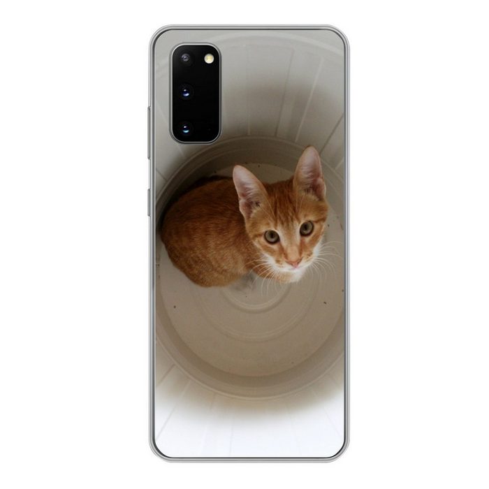MuchoWow Handyhülle Katze - Mülleimer - Weiß Phone Case Handyhülle Samsung Galaxy S20 Silikon Schutzhülle