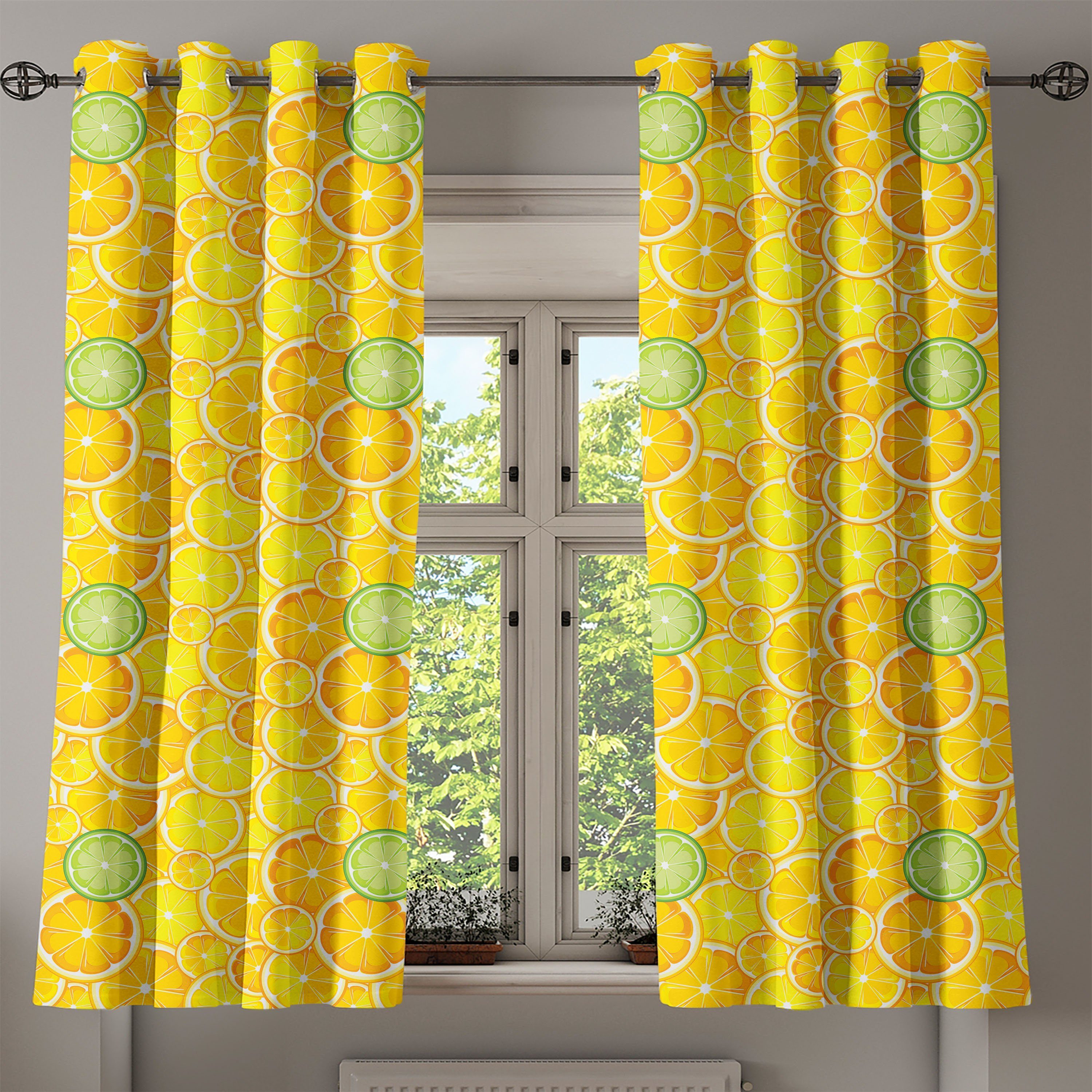 Gardine 2-Panel-Fenstervorhänge Obst Lemon Wohnzimmer, Abakuhaus, für Kreise orange Schlafzimmer Dekorative