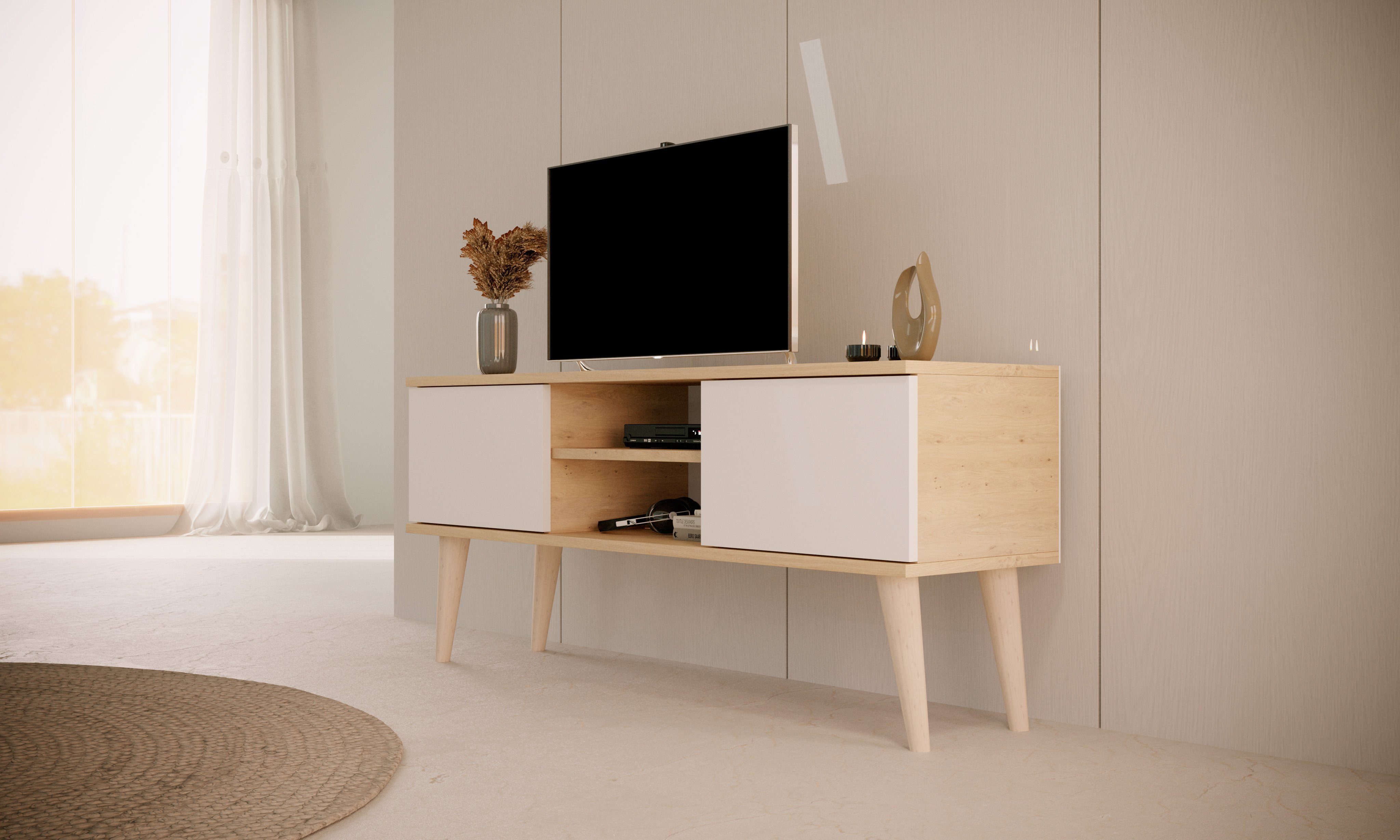 Bjird Lowboard TV-Schrank "Toronto" (2 Schranktüren, 2 Ablagefächern und Kabelöffnung), Breite 120 cm, Beine aus Buchenholz, für Fernseher bis zu 50 Zoll