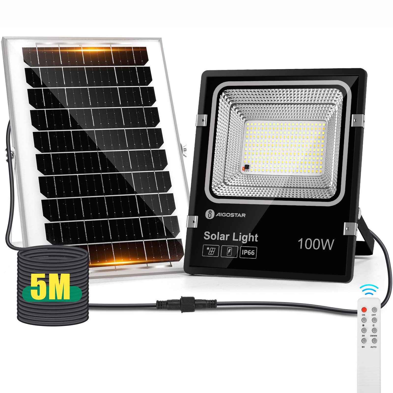 Aigostar Flutlichtstrahler Solar LED Strahler Außen mit Große Solarpanel,5 m Kabel,Ajustable,IP66, LED fest integriert, 3000k, 4000k, 6500k