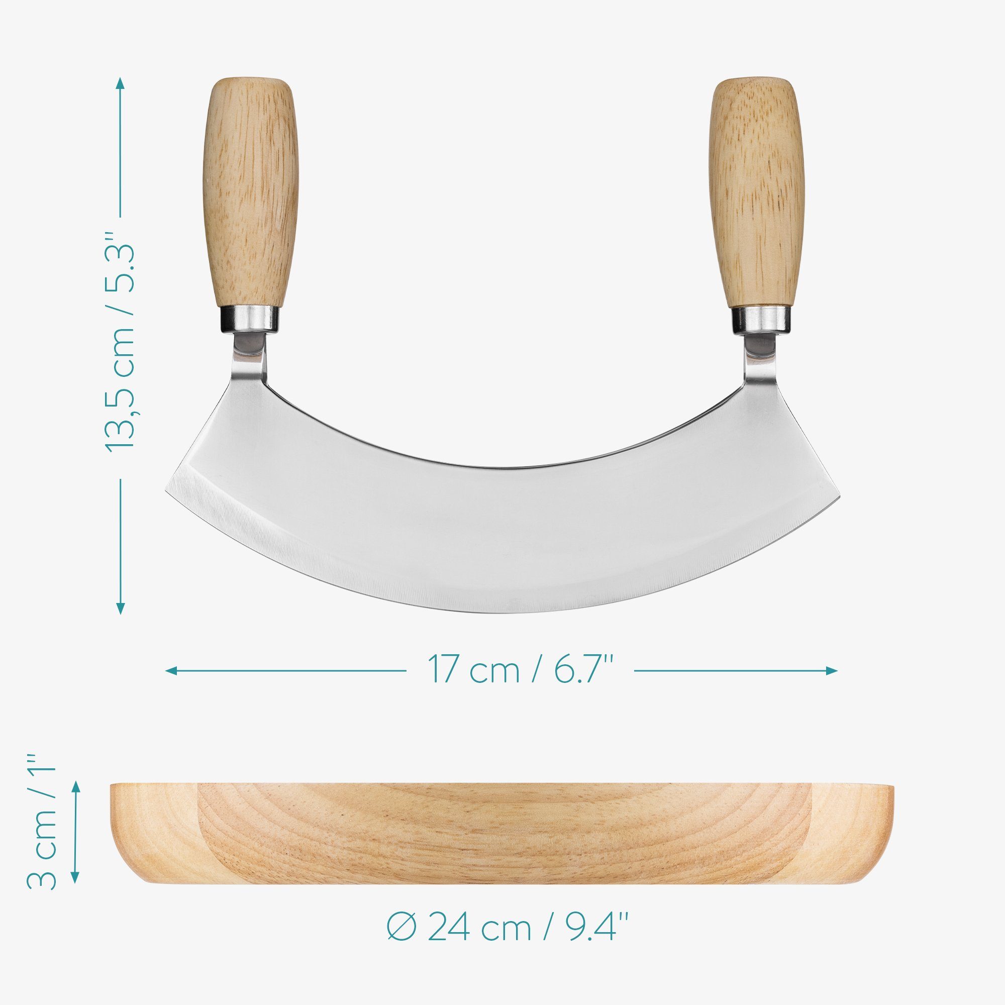 Mezzaluna Holz, Schneidebrett aus 17x13,5cm - Wiegemesser mit Navaris Holz Brett - Kräuterbrett