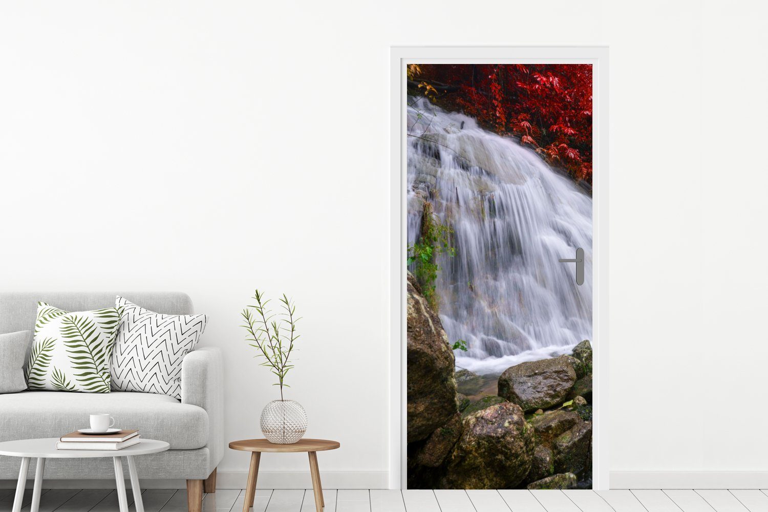 (1 St), Wasserfall Matt, Türaufkleber, - - Herbst, Felsen 75x205 cm Tür, für Türtapete MuchoWow bedruckt, - Wasser Fototapete