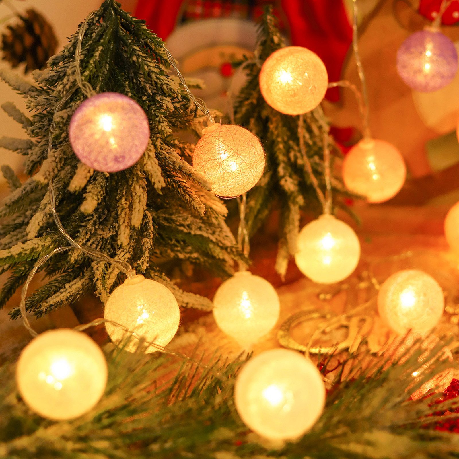 Qualra LED-Lichterkette 10/20LED Baumwollkugeln Lichterkette Warmweiß Batterie für Party Innen, LED Lichterketten 2er/Set