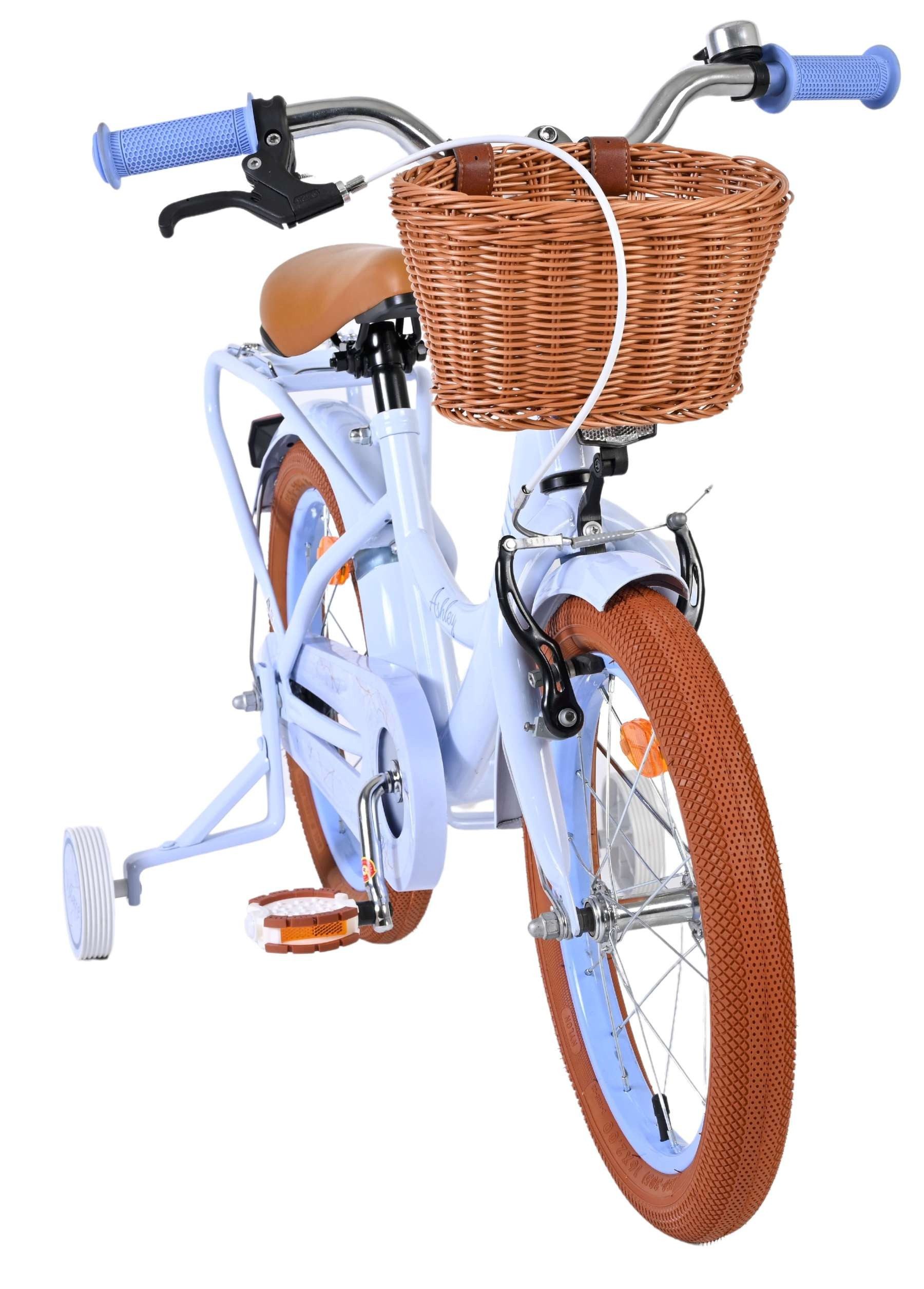 Volare Kinderfahrrad Ashley Mädchen 16 Zoll in Blau mit Korb und abnehmbaren Stützrädern, Rücktrittbremse und Handbremse, geschlossener Kettenschutz