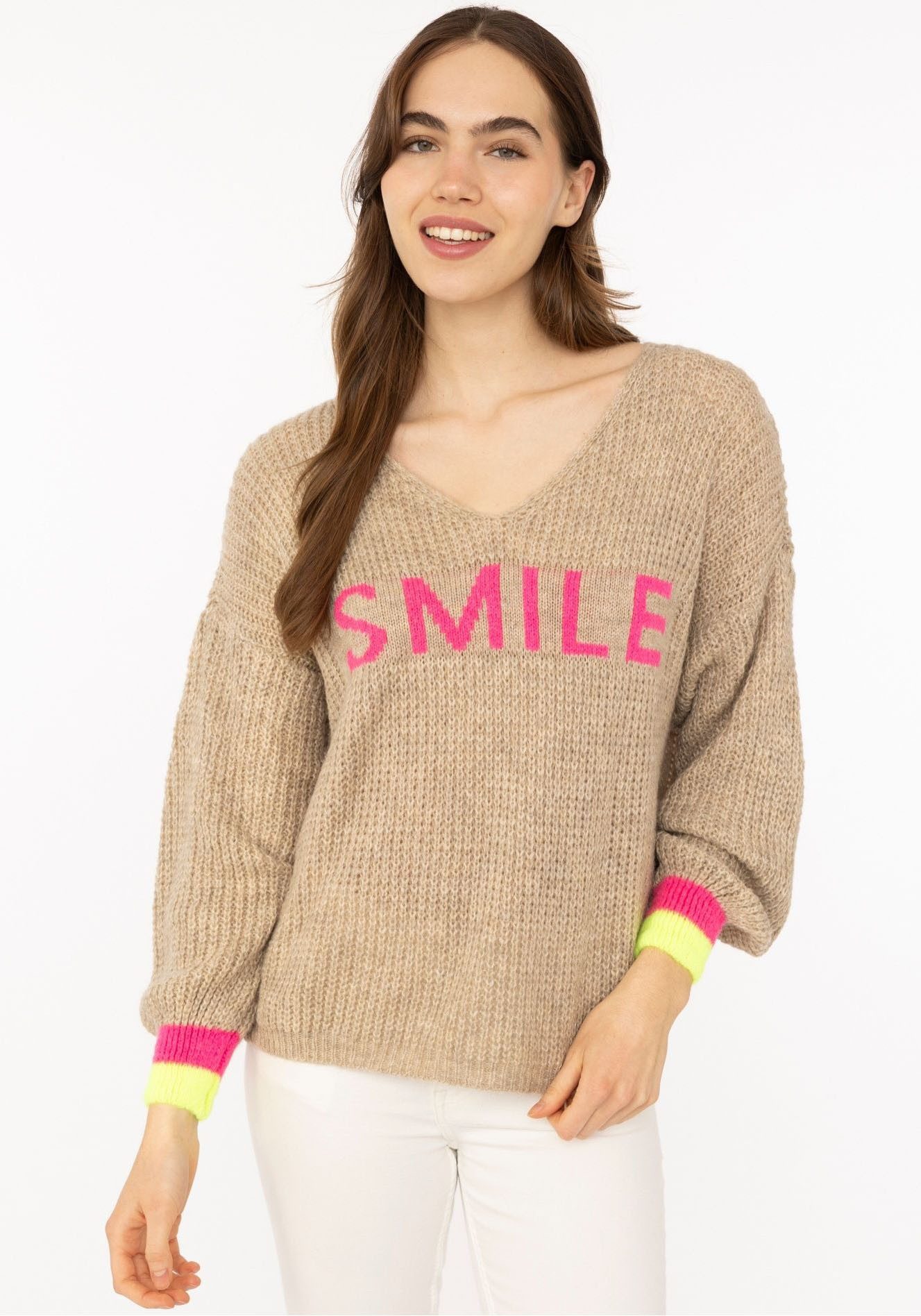 Zwillingsherz Strickpullover "Smile" Langarm, One Size, V-Ausschnitt, Neon-Details, Schriftzug