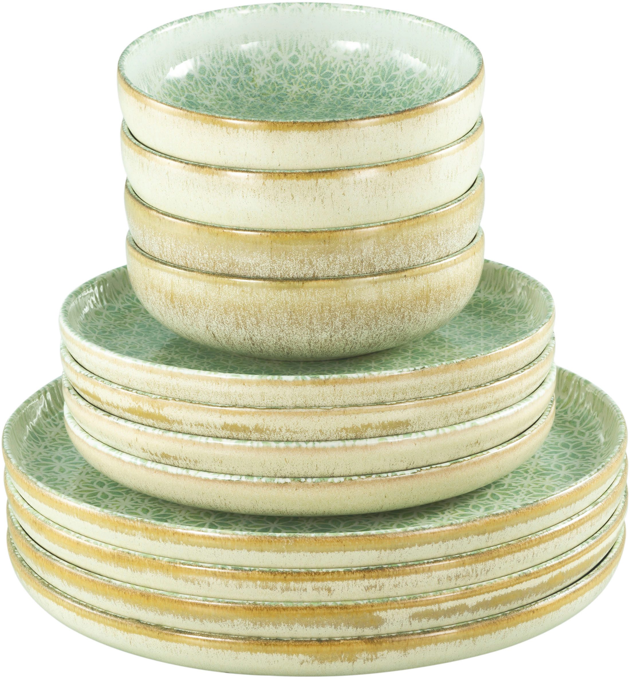 CreaTable Teller-Set Uno Emiliana, Teller Set 12-tlg (12-tlg), 4 Personen, Steinzeug, Shabby Look, Vintage Style