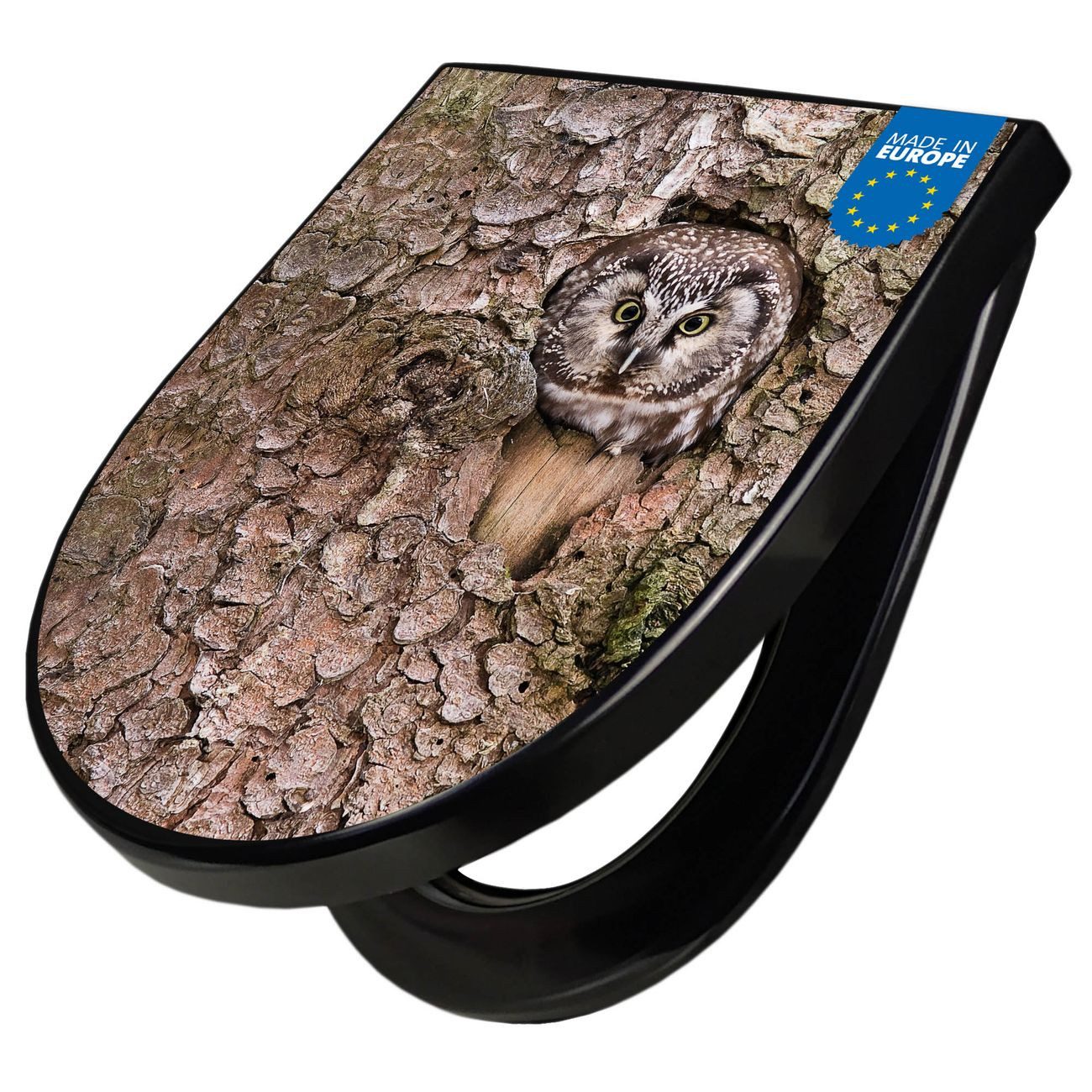 banjado WC-Sitz Premium D-Form mit Absenkautomatik Motiv Eule (umweltfreundliches Material, Softclose Absenkautomatik), 45 x 36,4 x 4