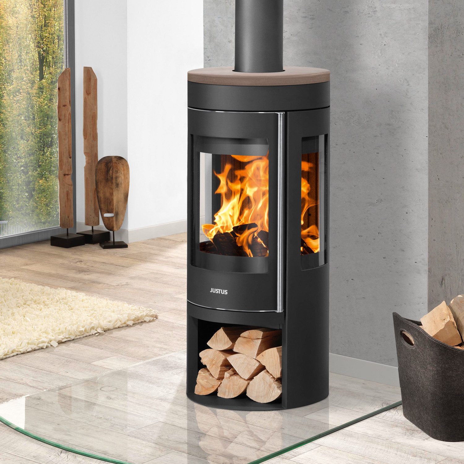 JUSTUS Kaminofen Justus Mino Trios 2.0 Kaminofen Stahl Schwarz,Abdeckplatte Keramik, 5.5 kW, Kaminofen