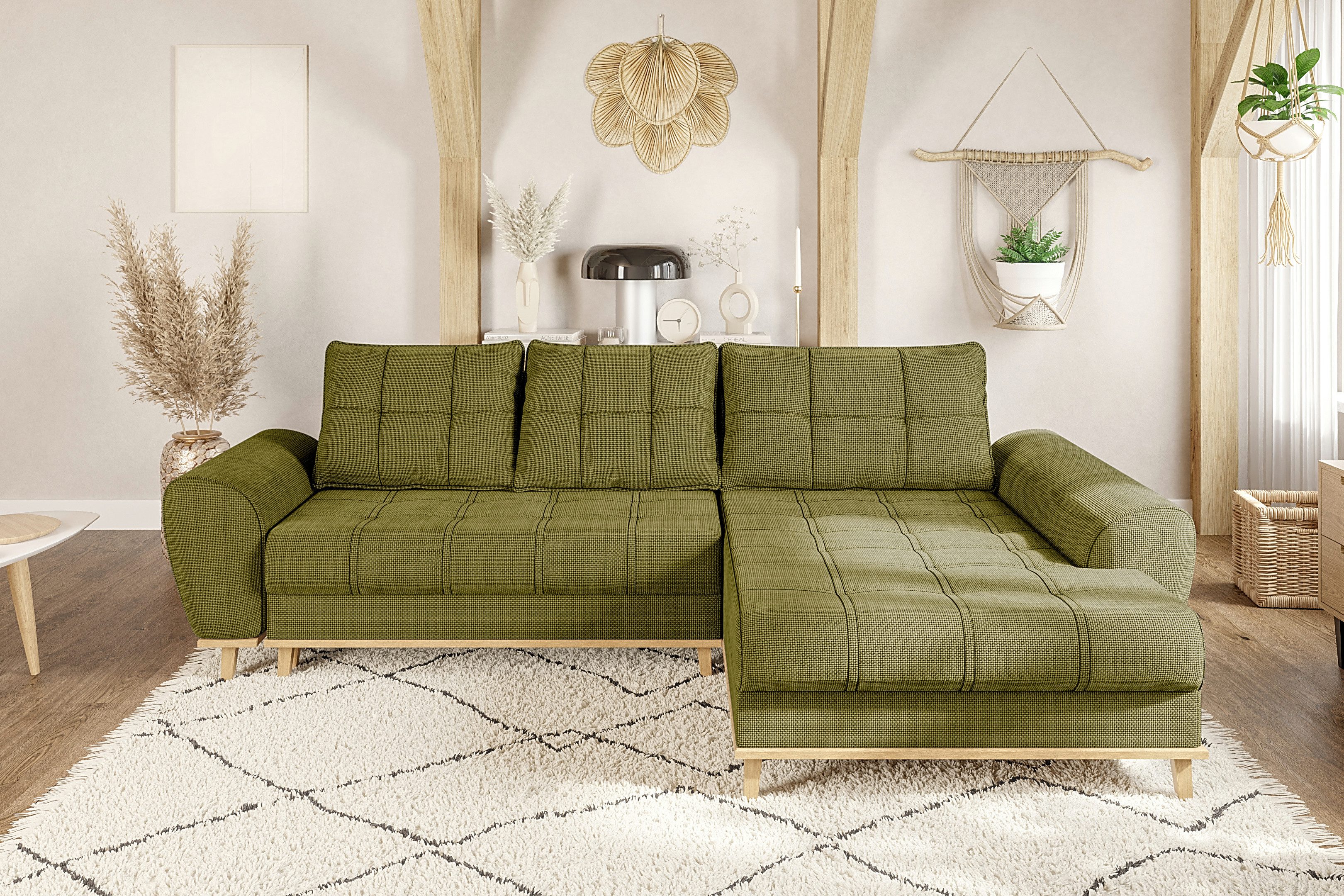 luma-home Ecksofa 21015, im Scandi-Stil mit Schlaffunktion und Bettkasten, Wellenunterfederung, B268/T175/H86 cm, Ottomane rechts, weicher Bouclé Chenille Stoff in Grün