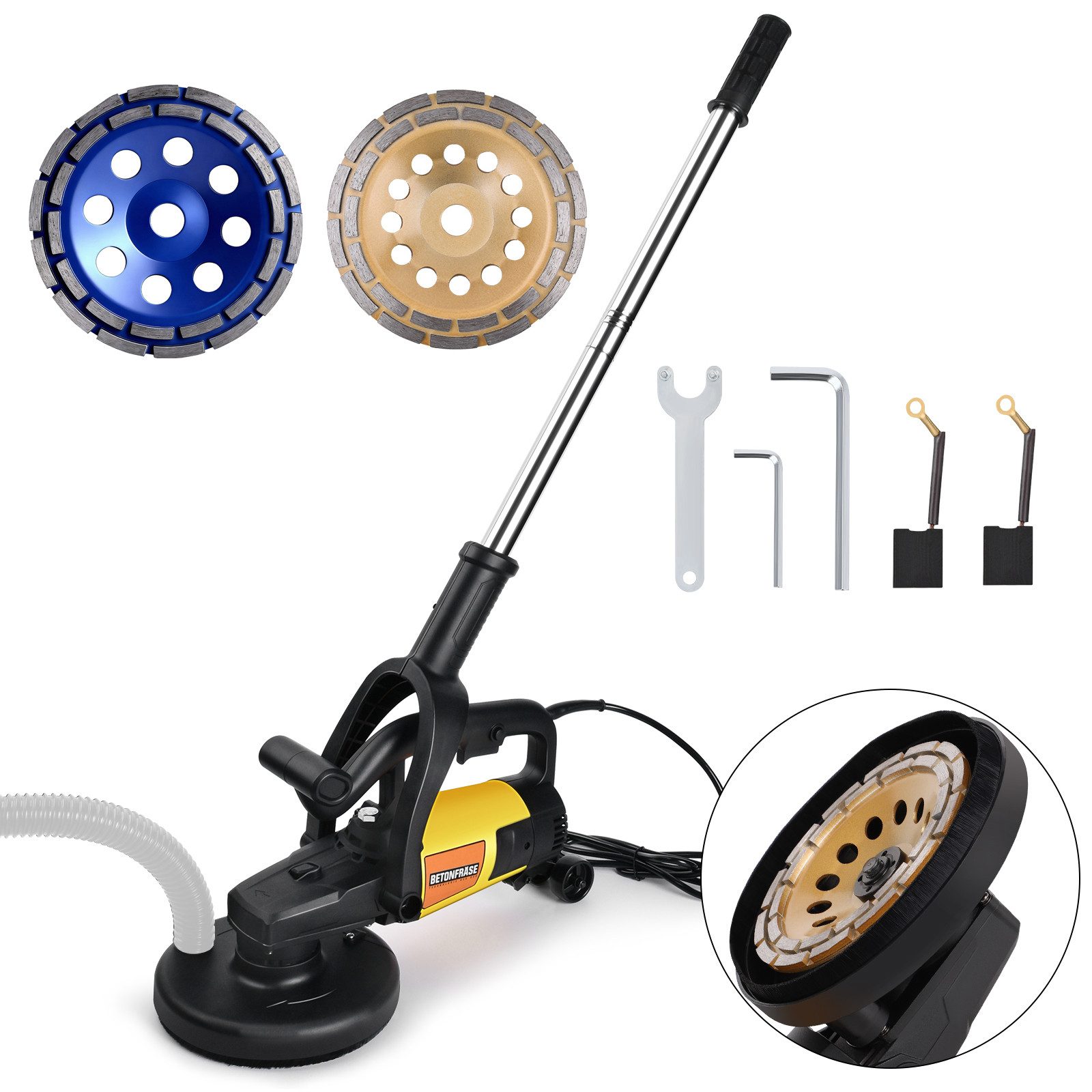 XERSEK Kantenschleifer 3800W Betonschleifer Betonfräse 2-in-1 mit 2x180mm Diamantscheibe M14 (inkl.Langgriff, Klappbare Absaughaube, 6-stufigen Drehzahlregelung), Schleifgerät Zum Schleifen & Fräsen von Beton Fliesenkleber Stein Putz