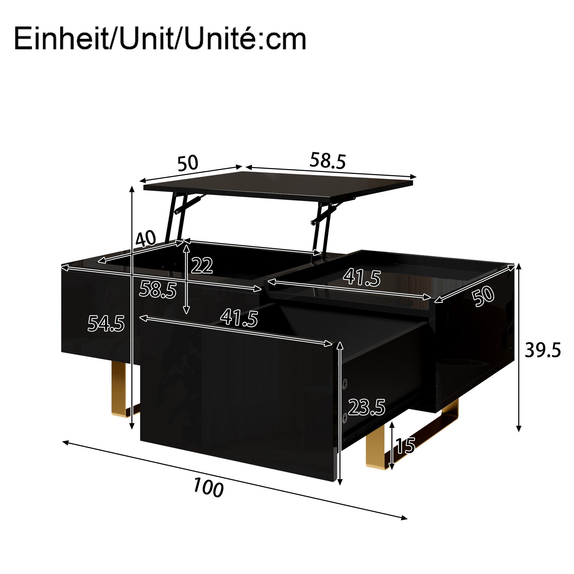 Odikalo Couchtisch Beistelltisch Sofatisch Höhenverstellbarer mit Schublade (100Lx50Bx54,5H(cm)Wohnzimmertisch Kaffeetisch mit Eisenfüßen Hochglanzoberfläche MDF)