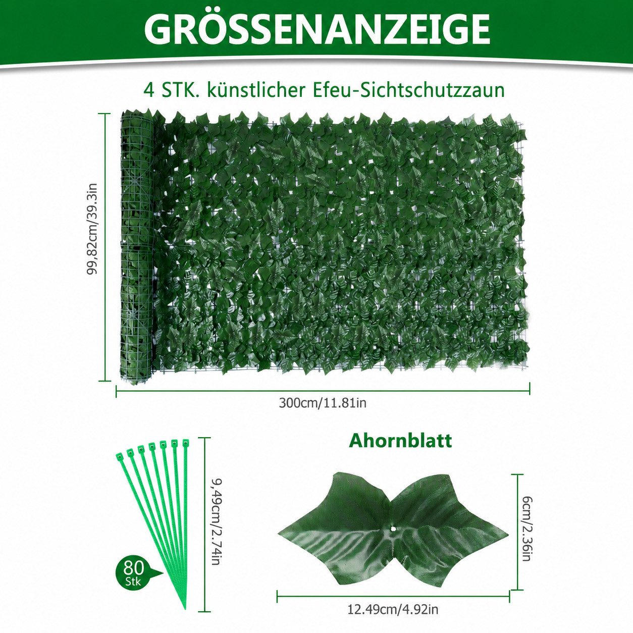 BlingBin Kunsthecken-Sichtschutz Balkonsichtschutz Kunsthecke 300 × 100 cm, Efeu-Optik, zuschneidba, (4er Set, 4-St., 4 Stück – je 300 × 100 cm / 12 m), künstliche grüne Hecke mit dichtem Blattwerk, flexibel zuschneidbar