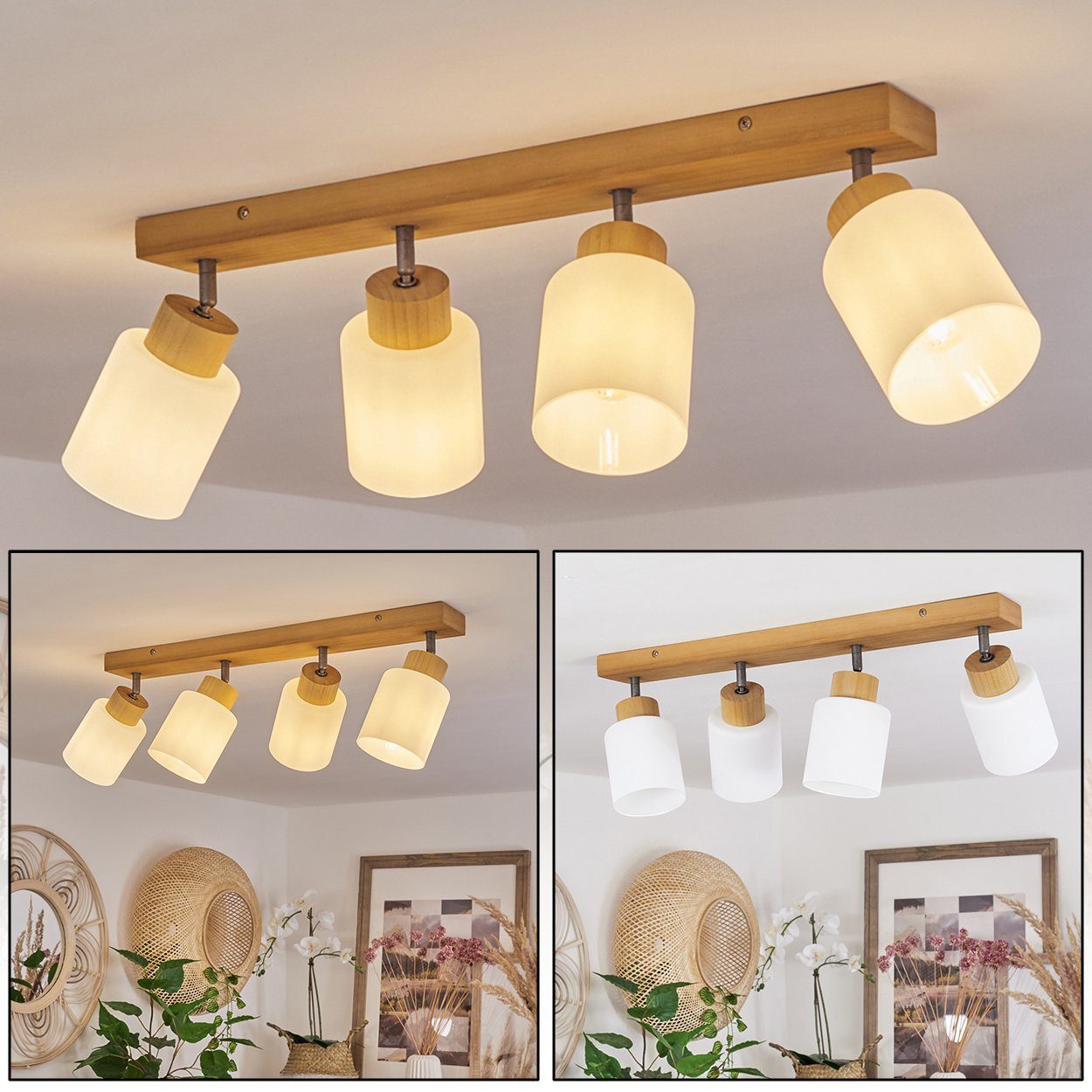 Design Natur/Altsilber/Weiß, verstellbaren mit aus 4xE14 Leuchtmittel, Leuchte Holz/Metall/Glas hofstein Deckenleuchte in skandinavischen im Deckenlampe »Montemassi« Schirmen, ohne