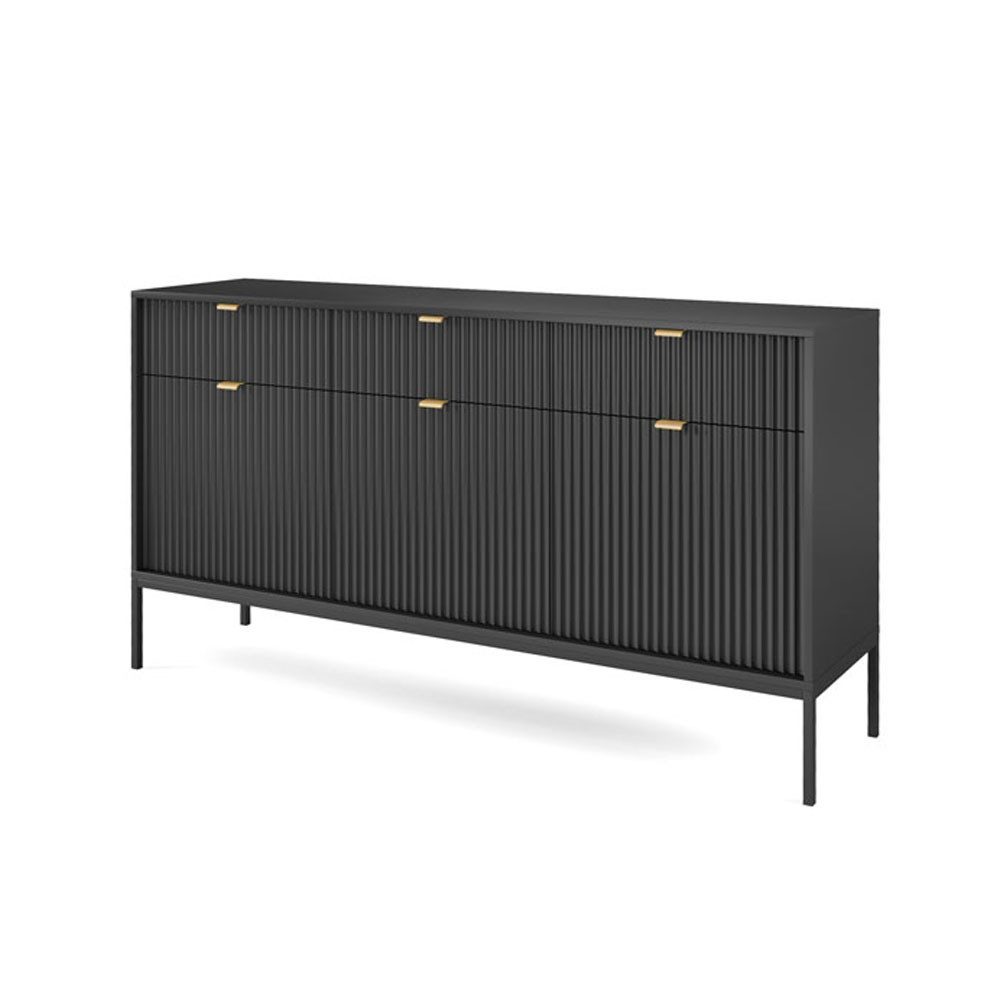 Feldmann-Wohnen Sideboard Nova (3 Türen, 3 Schubladen, 3 Einlegeböden, 1 St., Riffel-Optik Front, goldfarbene Metallgriffe, ABS-Kanten), 154x39x83cm, Fronten mit ausdrucksstarkem geriffelten Muster