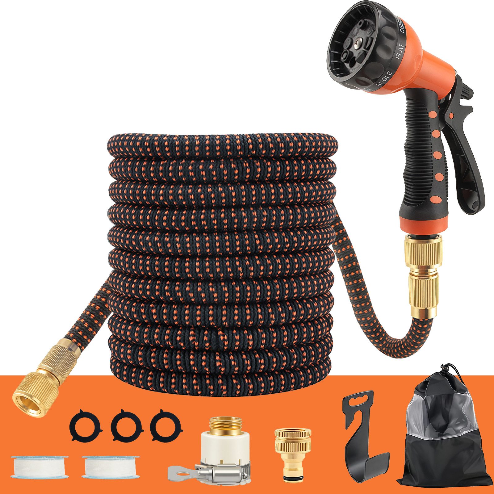 PFCTART Gartenschlauch Flexibler Gartenschlauch mit Sprühdüse, ausziehbar bis 22,5 m, Robuste 4-Lagen-Konstruktion, 8-fach Sprühdüse, Knickfrei & auslaufsicher, (Set, 13 St., 4-Lagen-Latexkern, platzsparend, knickfrei & auslaufsicher), 8 Sprühmodi, automatische Expansion & Messinganschlüsse