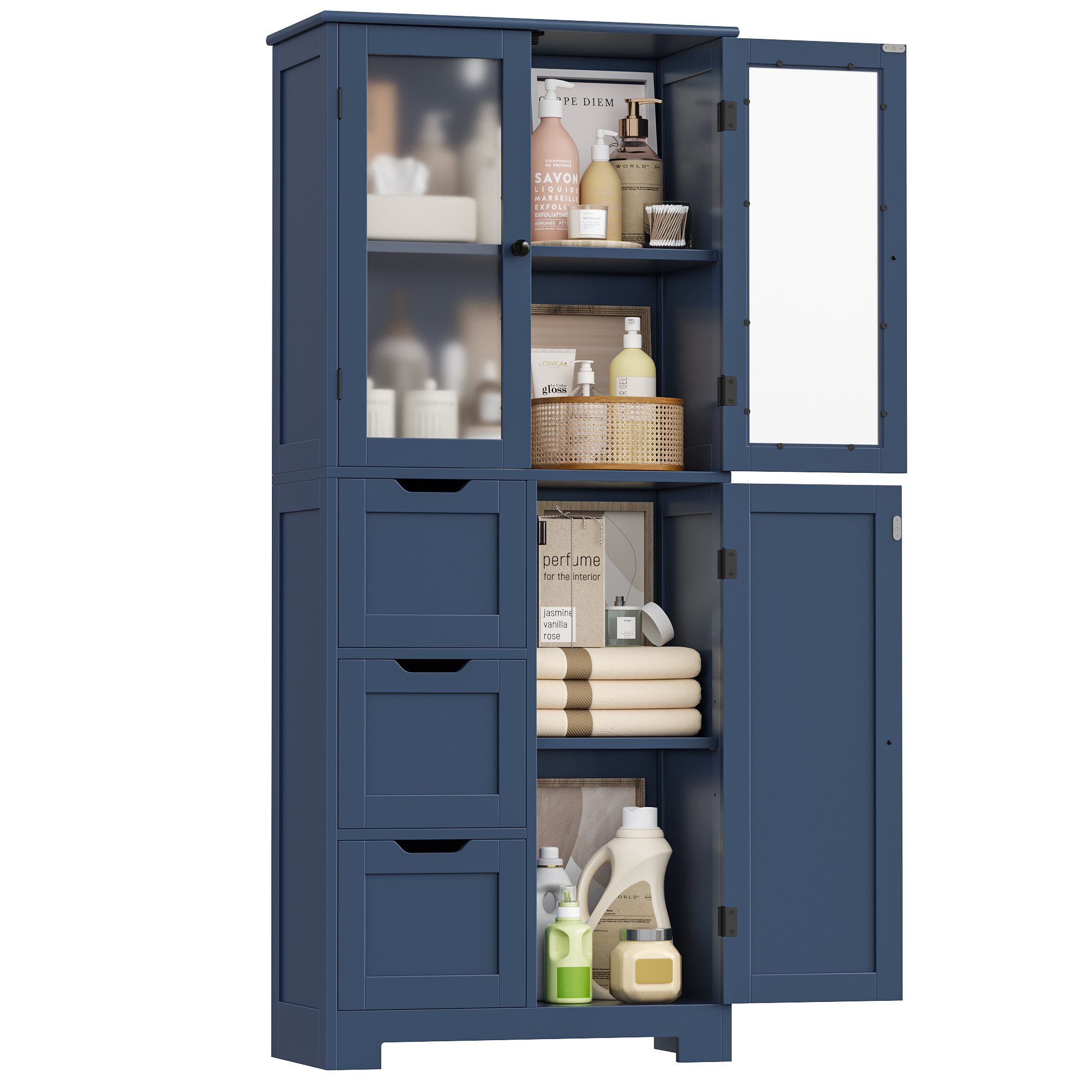 HOMECHO Hochschrank Badezimmerschrank mit 3 Türen und 3 Schubladen