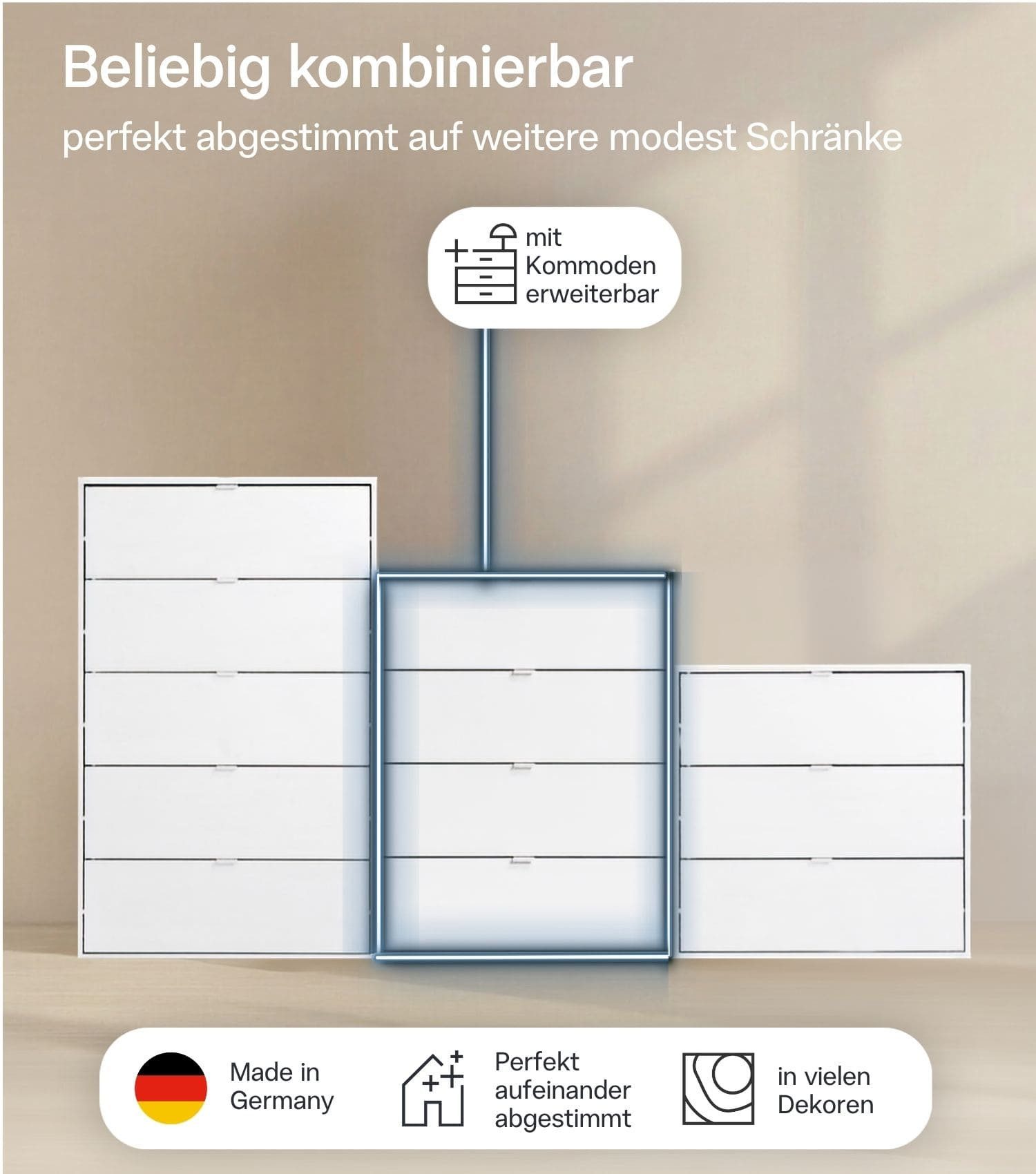 mokebo Sideboard Die Stilvolle (80x95x40cm, mit 4 Schubladen), Made in Germany, Nachttisch, Highboard, Anrichte, Sideboard in Weiß – Bild 3 von 5