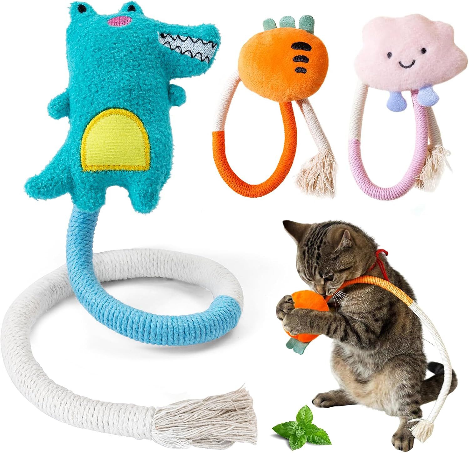 FOUORTUNATE-BEE Tier-Beschäftigungsspielzeug 3er Set Katzen-Kauspielzeug mit Katzenminze, Zahnreinigung, Bunte Katzenspielzeuge aus Baumwollseil gegen Zahnbelag