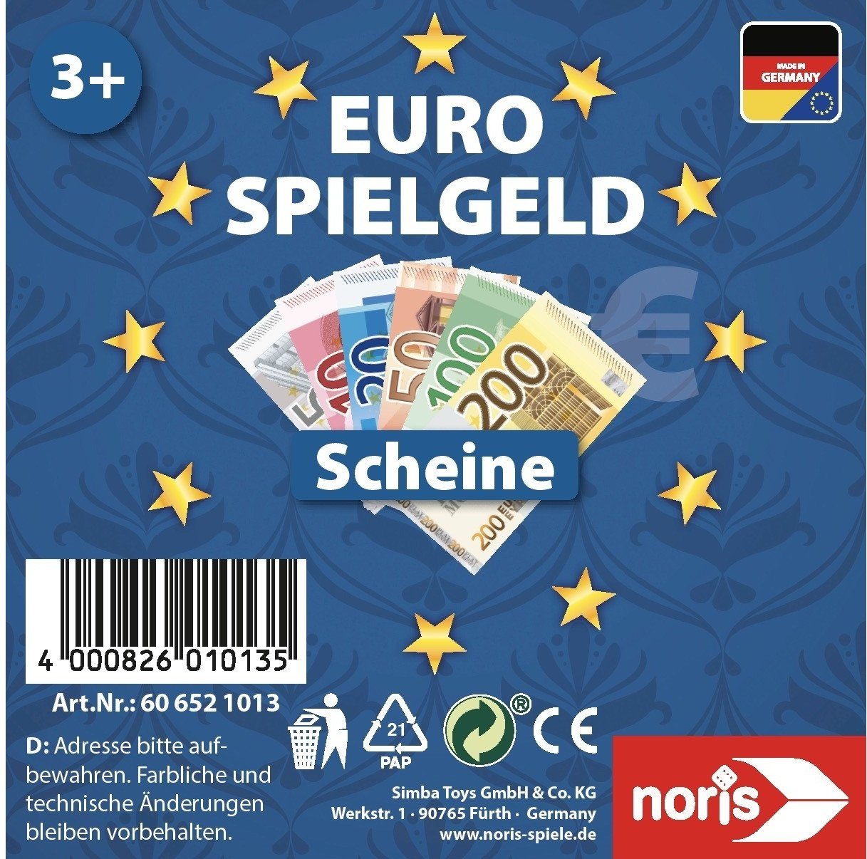 Noris Spiel Zubehör Euro Spielgeld Scheine 606521013