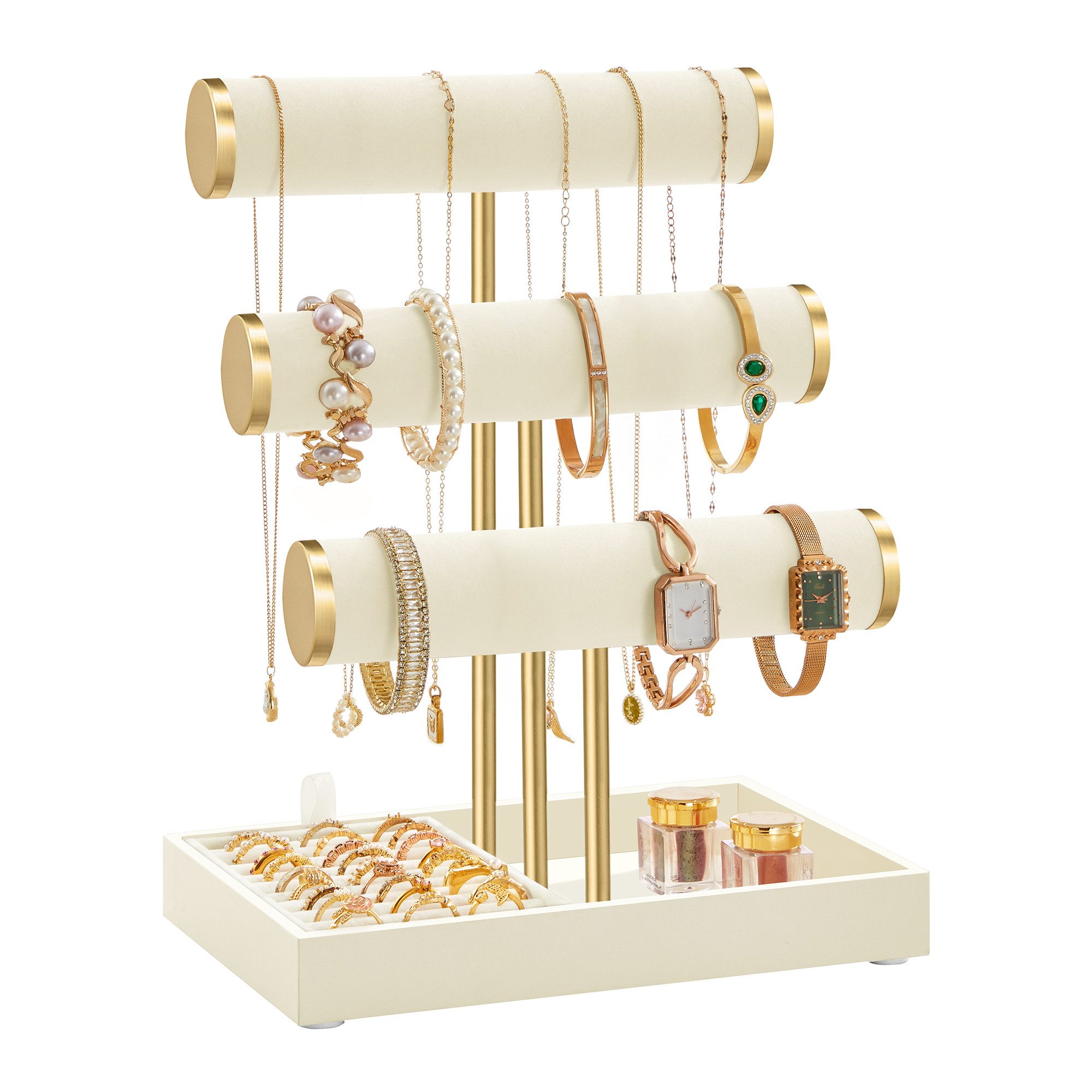 SONGMICS Schmuckständer Schmuckständer, 3 Armbandhalter, Schmuck-Organizer, mit Tablett aus Samt, abnehmbarer Ringhalter