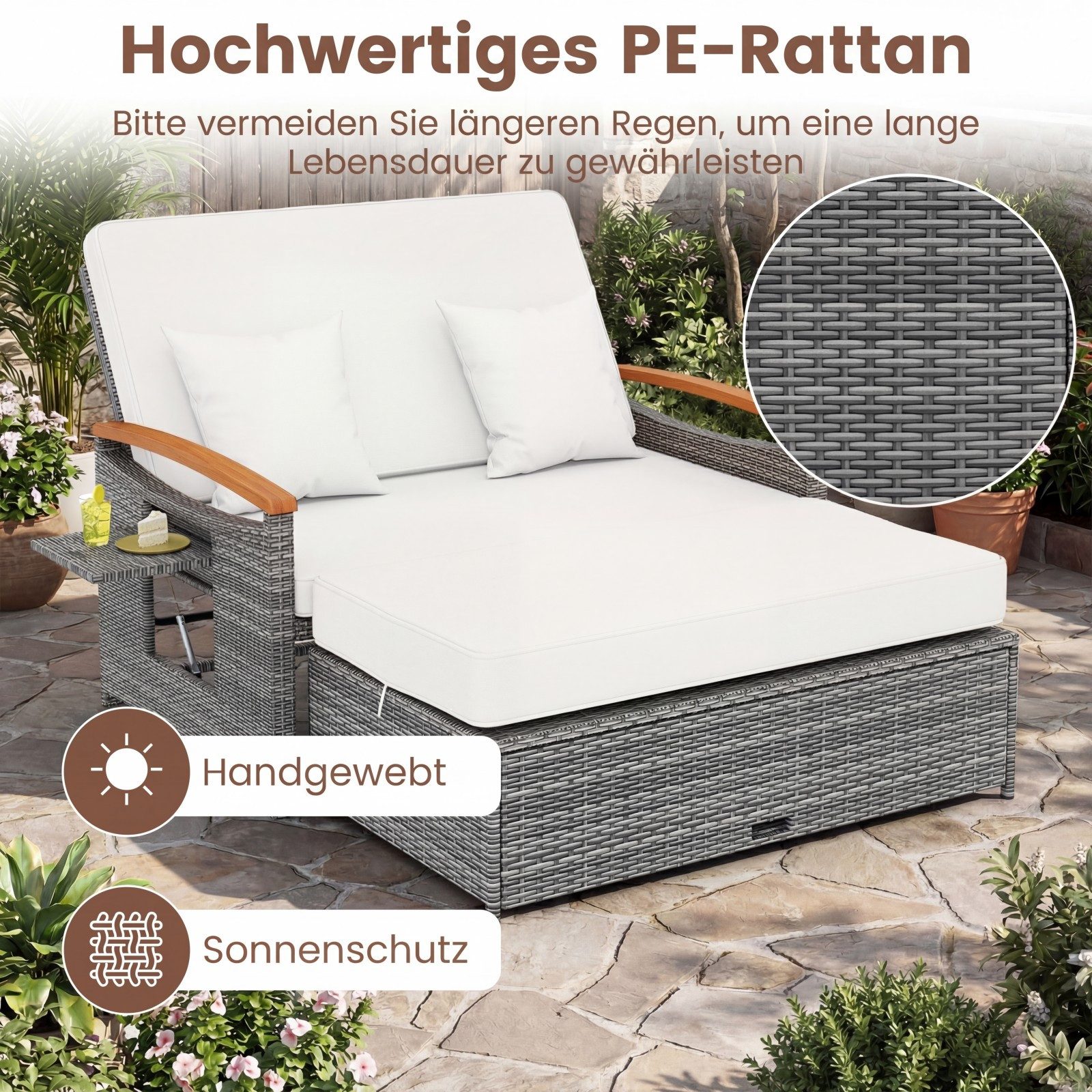 KOMFOTTEU Loungebett Gartensofa Gartenlounge, mit Liegefunktion, Stauraum, aus Rattan