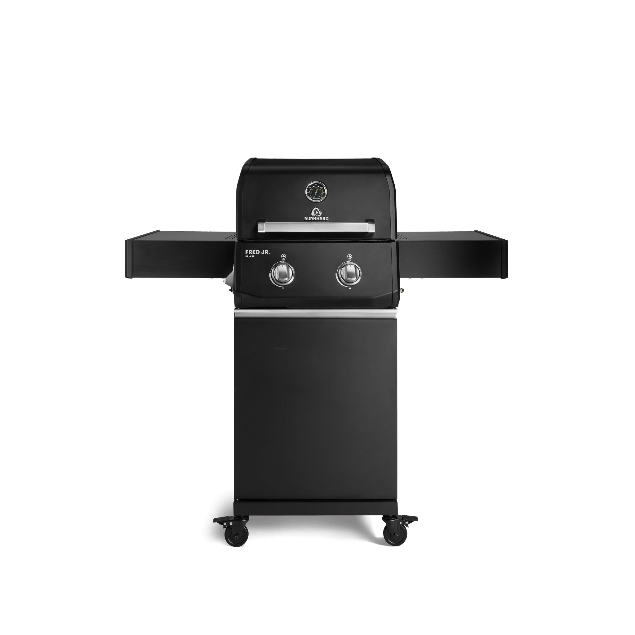 BURNHARD® Gasgrill 2-Brenner, 2x Edelstahl-Stabbrenner, 3,75 kW, Seitentisch, Gussrost, Piezo-Zündung, kompakt, für 5 Personen – FRED Jr. Base