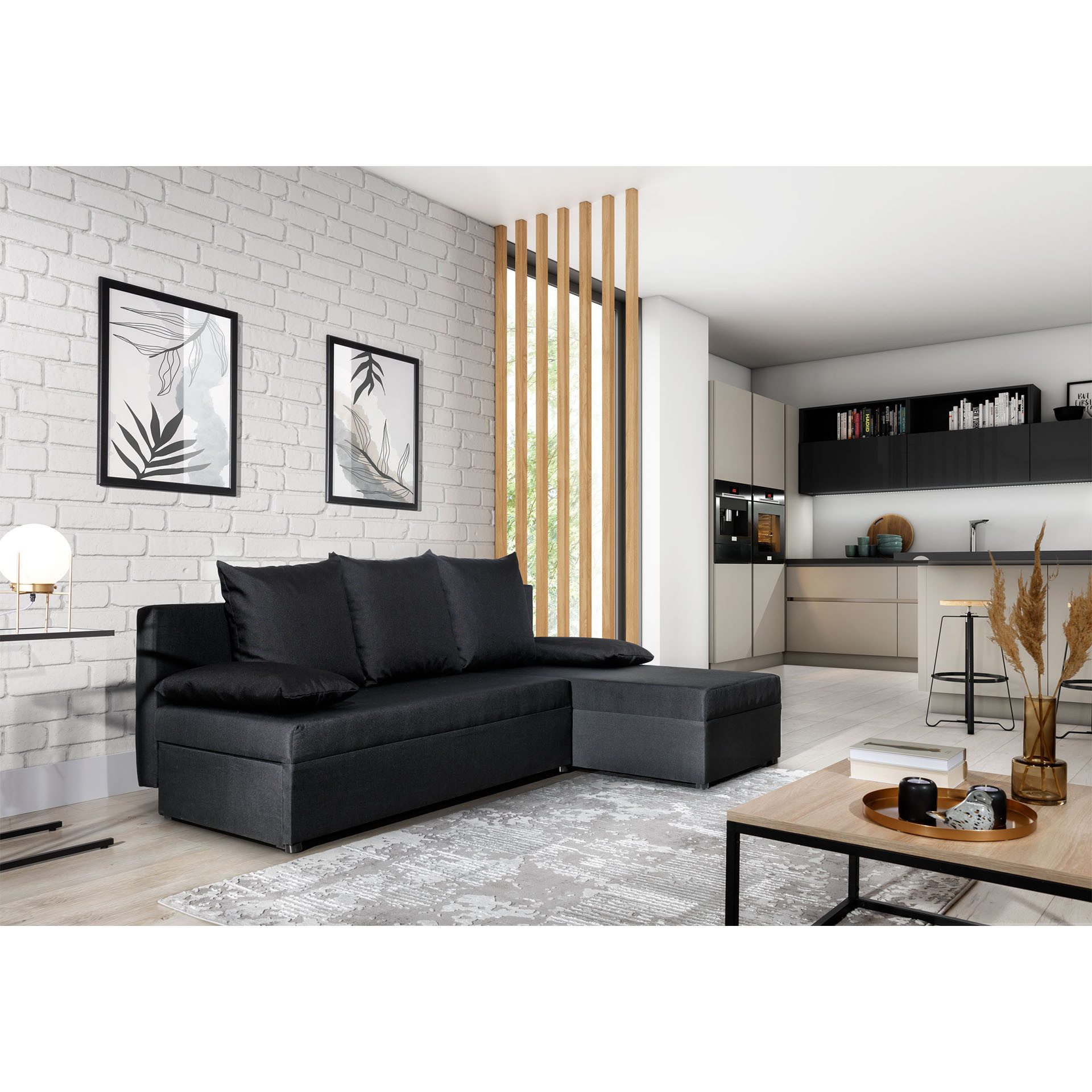 Home Collective Ecksofa 3 Sitzer mit Schlaffunktion Corner beidseitig montierbar, 5 Dekokissen, 206 cm Gesamtbreite Schwarz umbaubar zum Bett Doppelbett