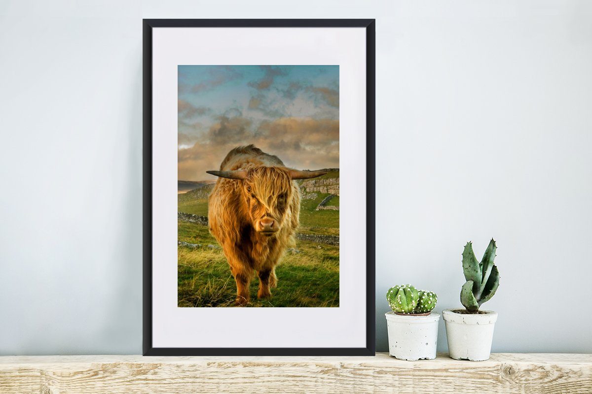 (1 mit - Rahmen, Gerahmtes Poster, Poster Bilderrahmen - Berg, Highlander Gras Schwarzem Schottischer MuchoWow St), Kunstdruck,