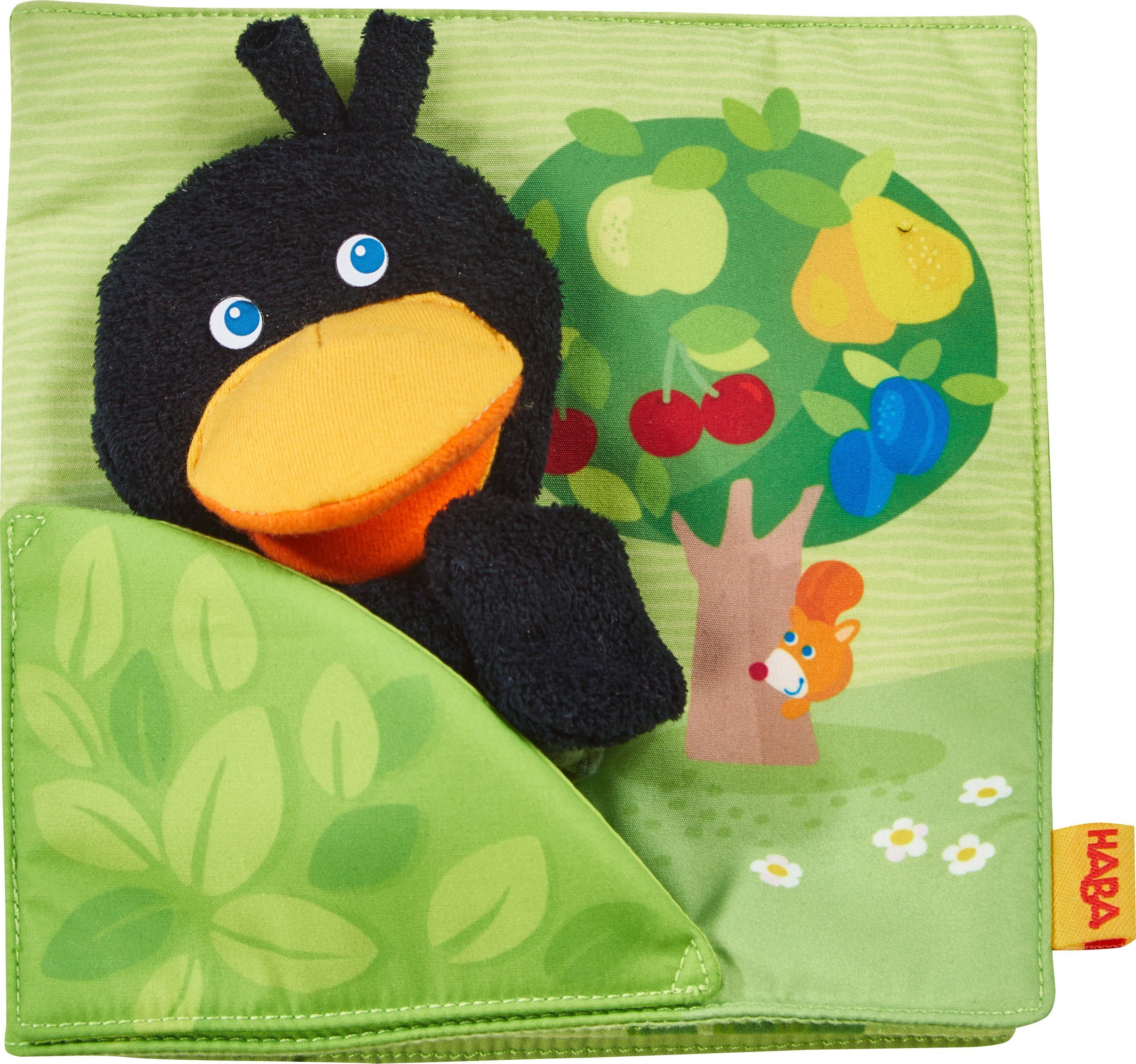 Haba Greifspielzeug Stoffbuch Obstgarten, mit Raben-Fingerpuppe