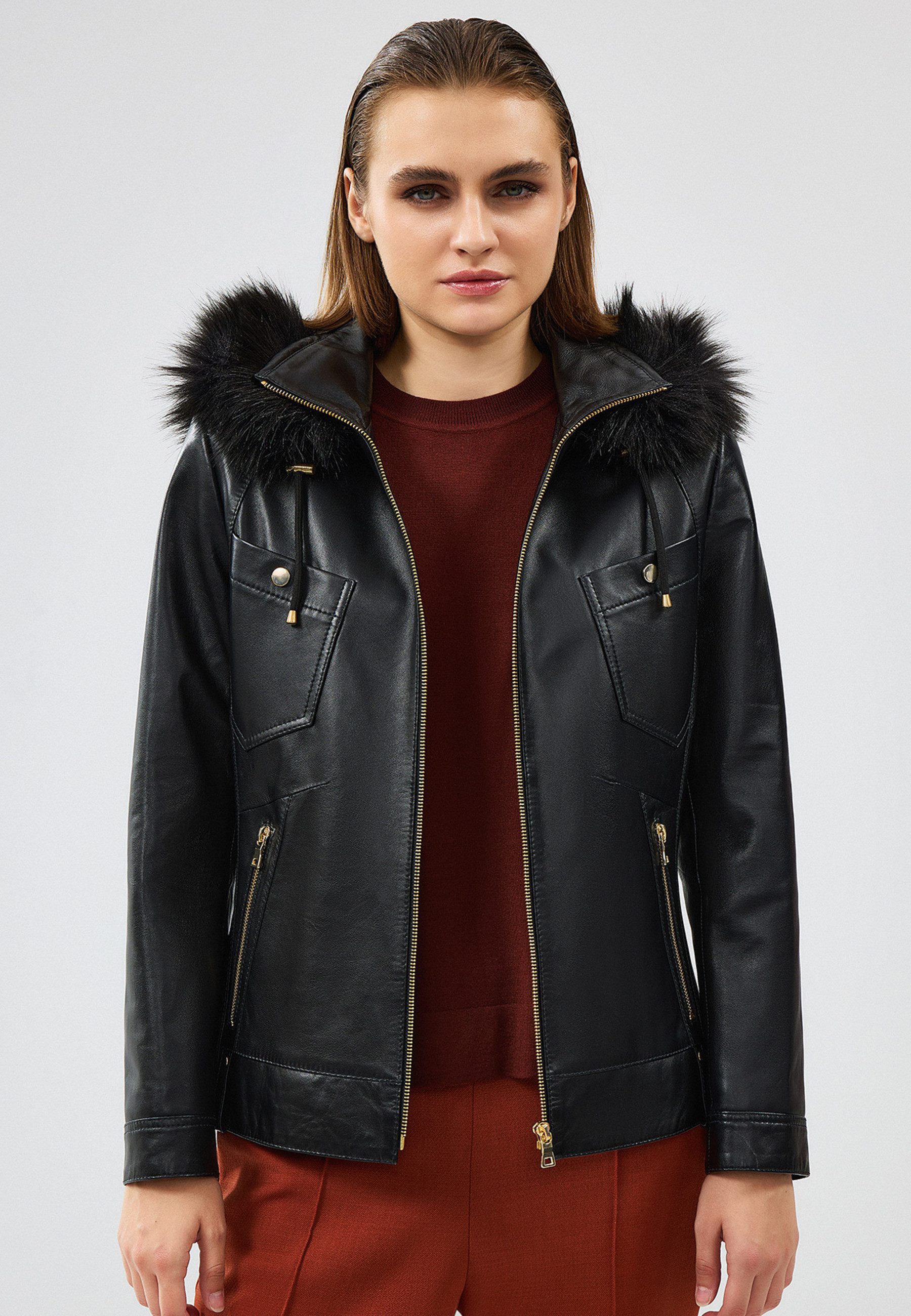 Derimod Lederjacke Meggy Lederjacke mit Kapuze und Fellbesatz
