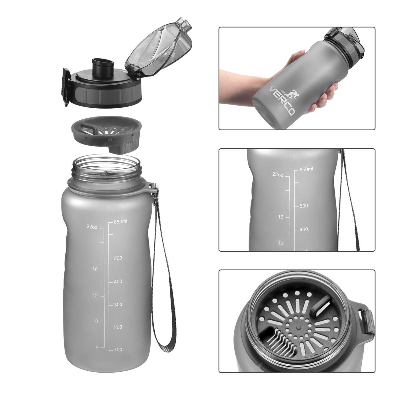 Trinkflasche 650 Frei BPA Flasche, nachhaltig mit Tritan Sport 0,65 wiederverwendbar Schwarz Liter Wasserflasche Fruchtsieb ml VERCO