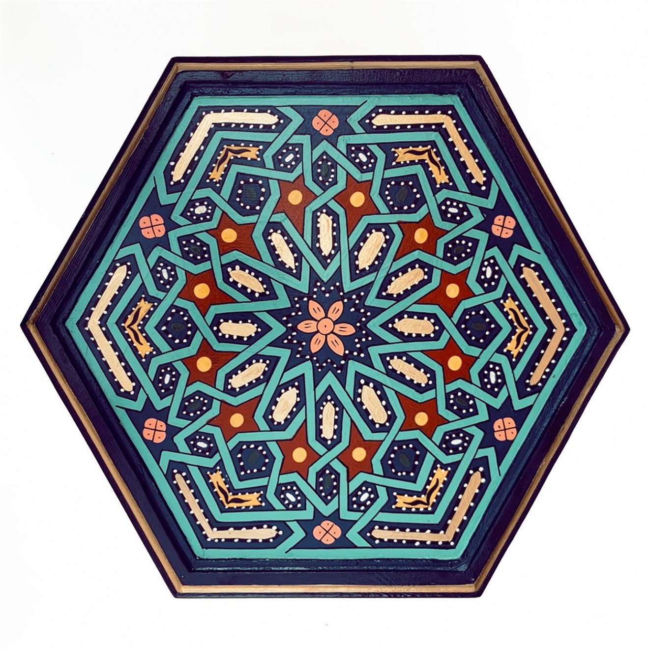 Blau Tisch aus Handbemalt l-artisan SARGYA Beistelltisch, Sechseckige Marokkanische Vollholz