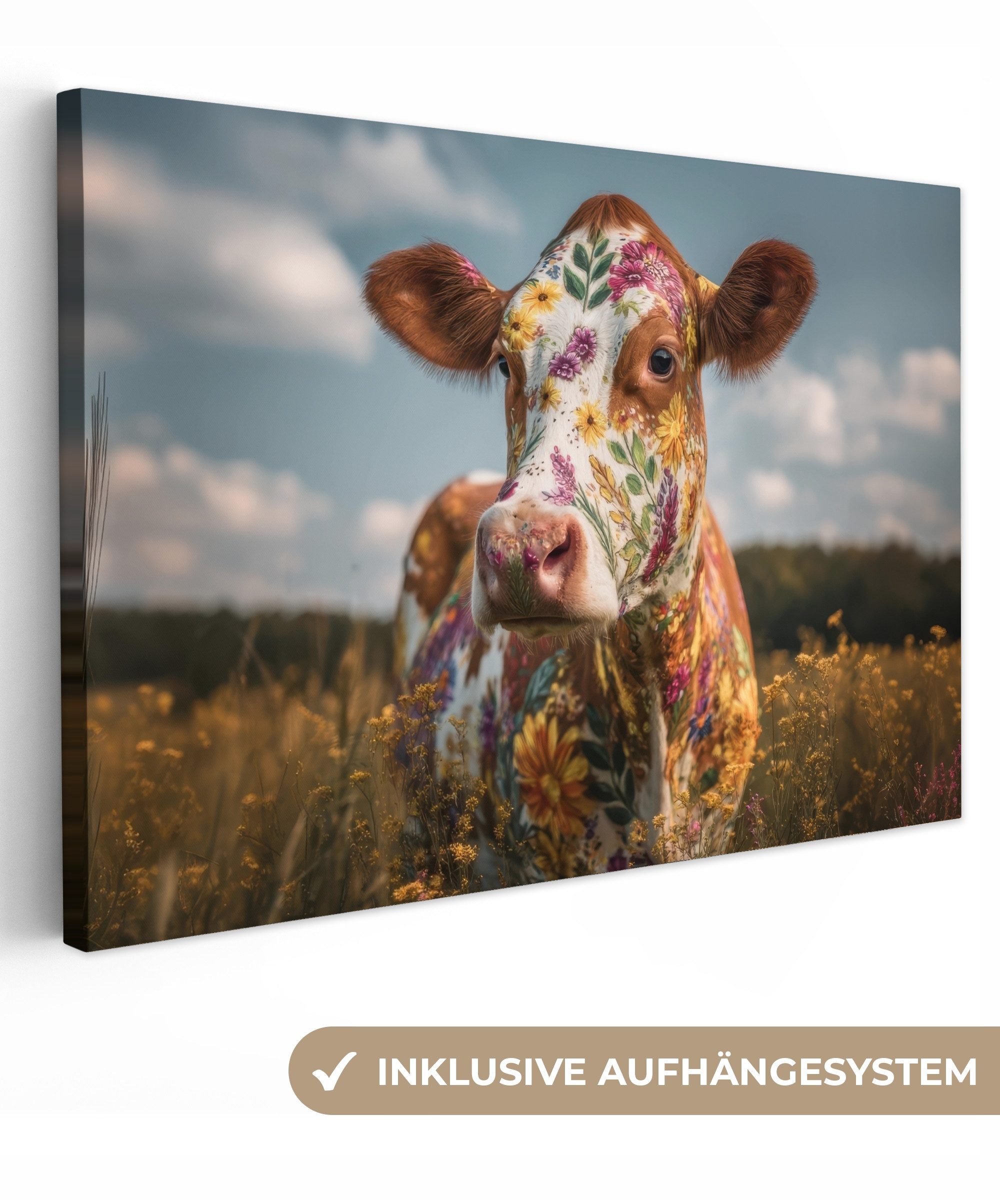 OneMillionCanvasses® Leinwandbild Kuh - Blumen - Wiese, Fotodruck (1 St), L günstig online kaufen