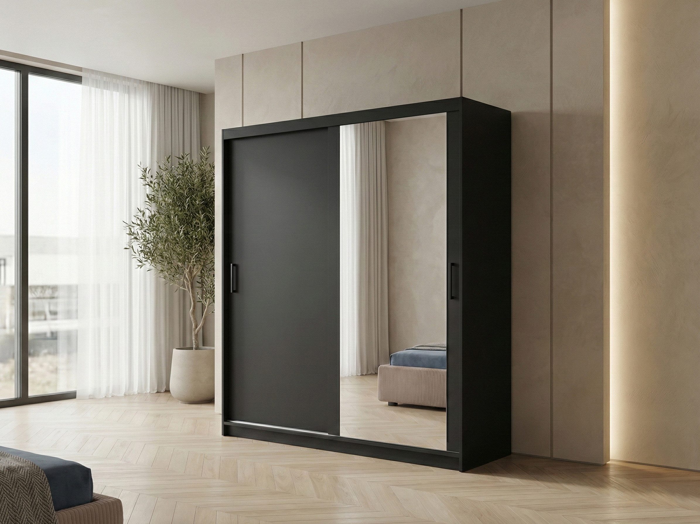 Beautysofa Kleiderschrank HELA moderner Kleiderschrank mit Spiegel (Schiebetürenschrank mit Kleiderstange und Regalböden, Schrank für Schlafzimmer, Flur & Ankleidezimmer) wahlweise ohne oder mit Schubkasteneinsätzen
