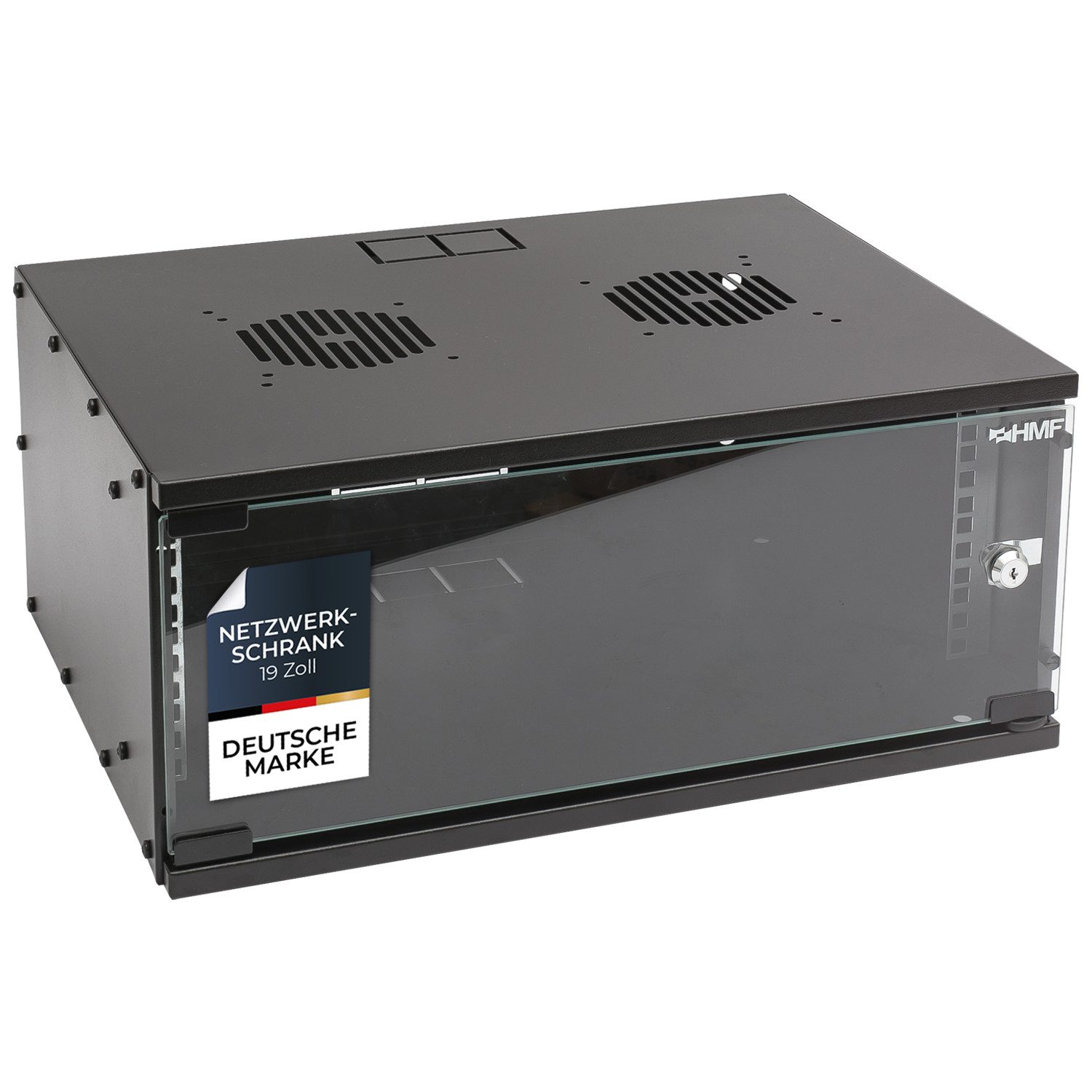 HMF Serverschrank Netzwerkschrank, Serverschrank 19 Zoll, 4 HE, 400 mm Tiefe, Glastür, Schwarz