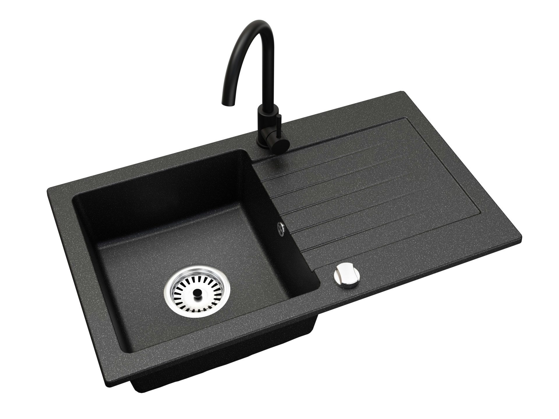 Faizee Möbel Granitspüle Granitspüle 75 cm Schwarz mit passender Armatur Komplett Set, rechteckig, 75/16 cm, Granitspüle:75 x 16 x 44 cm (BxHxT) Farbe: Schwarz Material: Granit MIT Armatur und Zubehör, (Komplett-Set, 5 St., Granitbecken inklusive Zubehör)