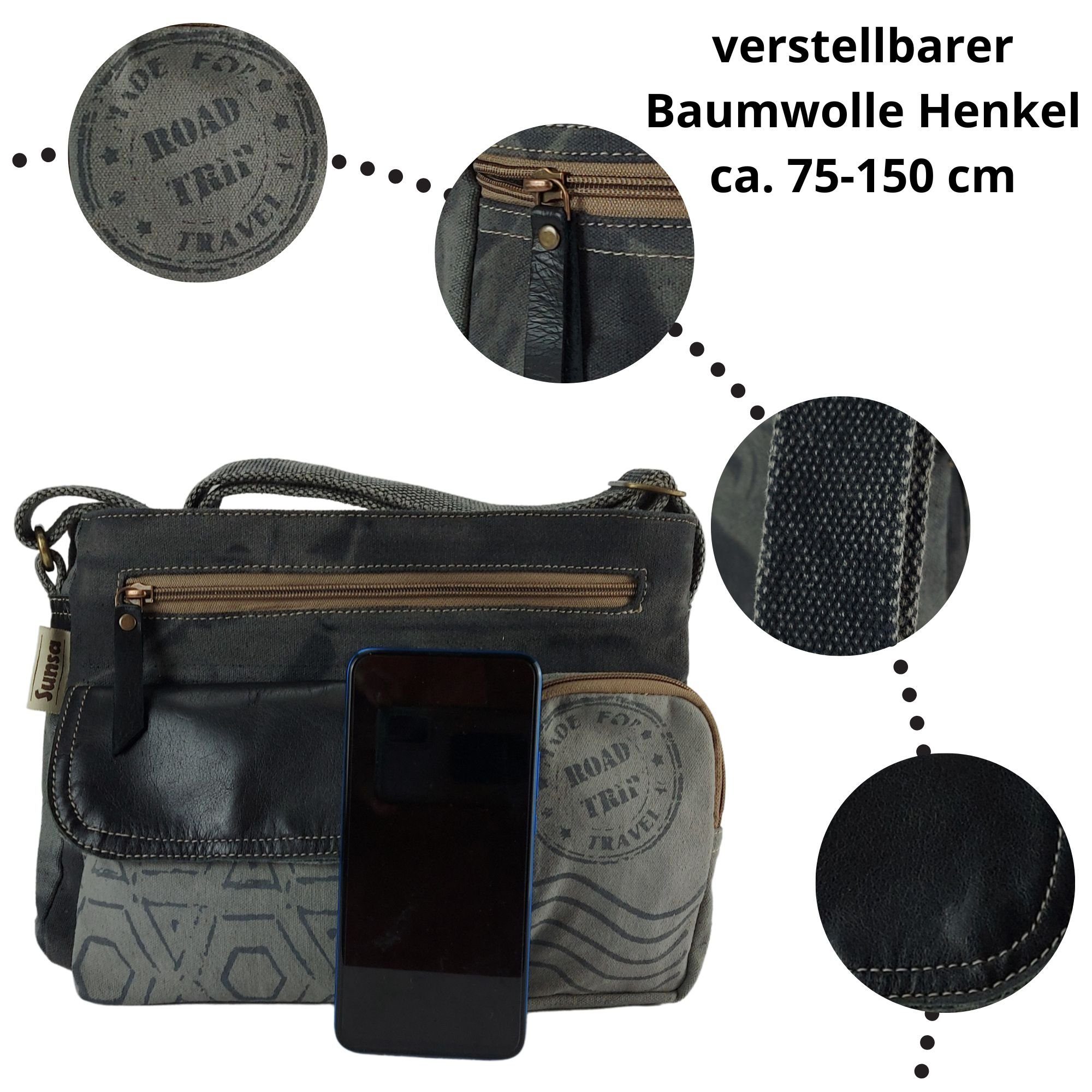 Sunsa Taschen, Canvas Schultertasche schwarz mit Umhängetasche Tasche Front 3 grau/ kleine Leder echt