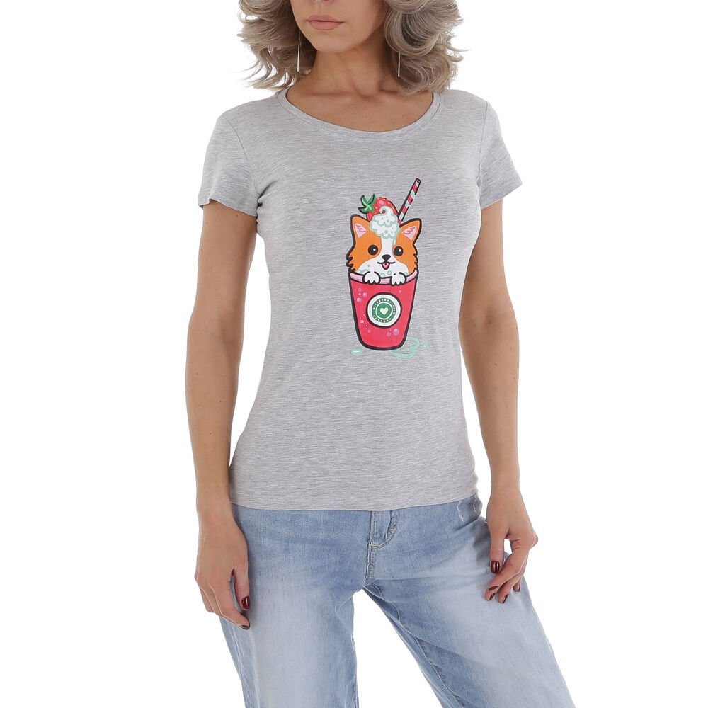 Damen Shirts Ital-Design T-Shirt Damen Freizeit Print Stretch T-Shirt in Hellgrau
