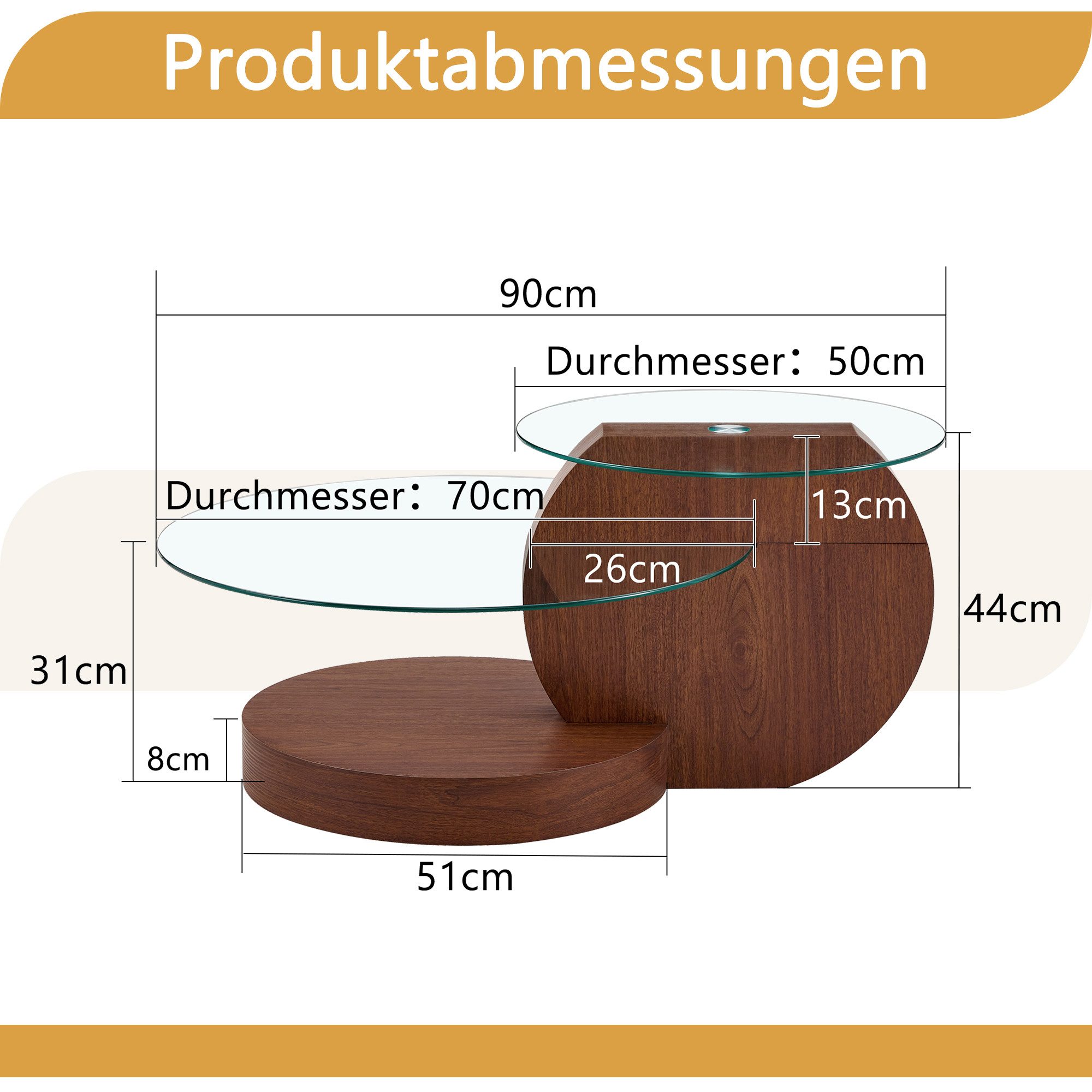 gopop Couchtisch 2er Set, Rundes Glas-Beistelltisch Wohnzimmertisch mit Stauraum, 6 mm Hartglasplatten, MDF-Basis, 90x70 cm
