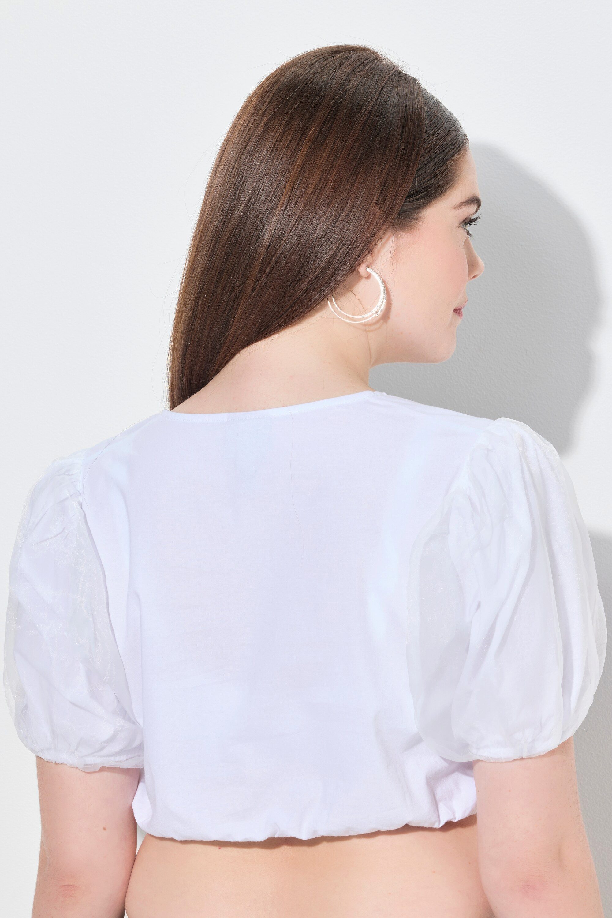 Ulla Popken Longbluse Dirndlbluse Rundhals weiter Tüll-Halbarm Gummisaum